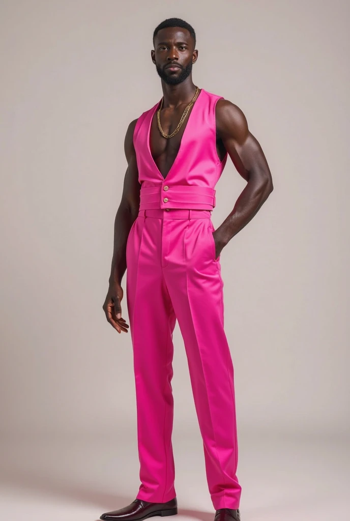 (((full-length portrait))),, ((photo studio with dirty backdrop with fuchsia concrete floor)), a beautiful orangeman, homoeroticism, beautiful face, hairy:1.3, (((looking into the distance))), thoughtful!!, full body, (((full body leaked photo)))           skin  with fuchsia bodypaint:1.3 and silver necklace standing in a painted studio setting, afrofuturism, man is with black skin, painting foliage, dark orange skin, intricate african jewellery, 8k full body photography, with magenta skin, african man, fuchsia skin, fuchsia skintight shorts bulge, analogue Kodachrome II film colors, lora:BCfilmmixV1:0.9, cinematic lighting