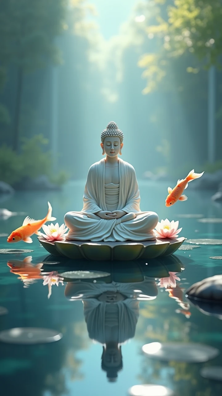 Seated Buddha statue,Planes,ocean floor,A group of goldfish surround the Buddha statue,Pink bubbles,extreme light,Sparkling,smog,Divinity,Big picture,photography of