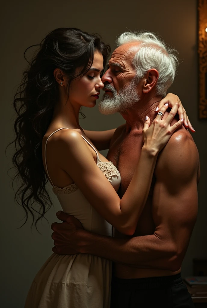 A old man wear black jacket and making love with girl

