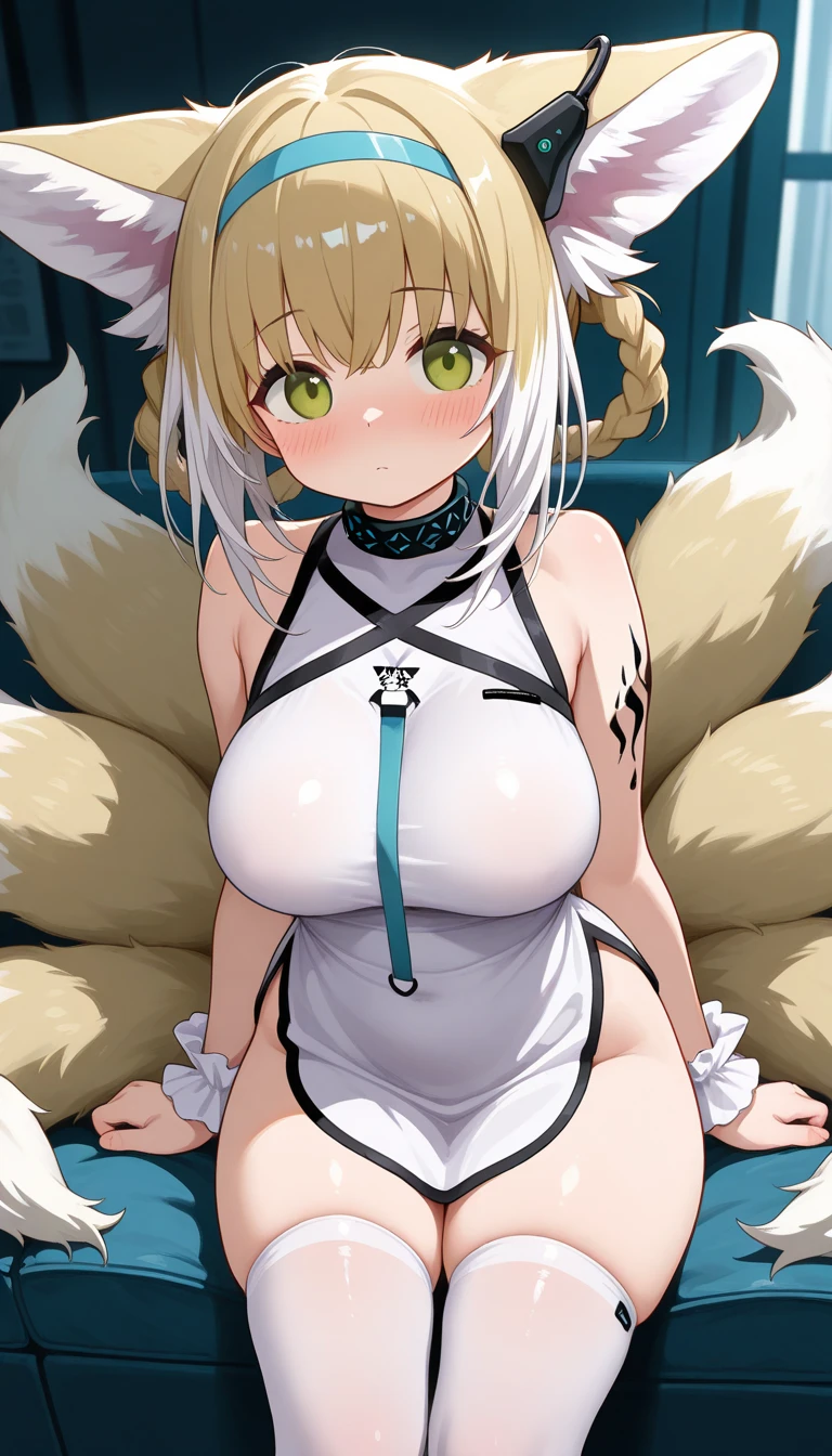 masterpiece, best quality, finely detailed, 1 girl, (bishoujo), cute, (huge boobs), (cleavage), fox ears, fox girl, fluffy tail, platinum blonde hair, green eyes, twin tails, heels, full body, hairpins, stripper, pole, spread legs
