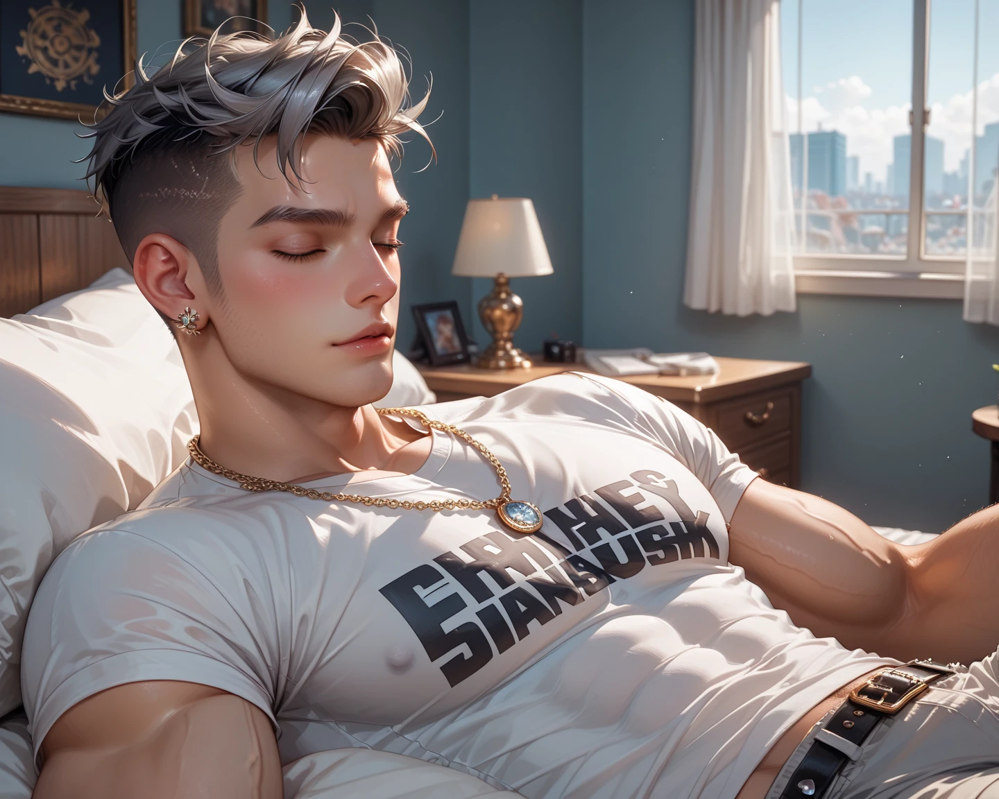 Physical Appearance:

- Age: 21 years old
- Height: 5 feet 9 inches (175 cm)
- Build: slim and athletic, with a chiseled physique
- Hair: Grey mullet, possibly with a spiky or messy texture
- Eyes: Glowing grey irises, possibly with a piercing or intense gaze
- Body Hair: Possibly some chest hair or a light dusting of hair on his arms and legs, given his masculine build

Attire:

- Upper Body: Shirtless, showcasing his muscular torso and arms
- Lower Body: Wearing stylized white briefs with very defined outline
- Footwear: White Air Force sneakers

Setting:

- Location: Sitting in his bedroom,  on a bed
- Background: The room might be decorated with personal items, such as posters, photos, or gaming consoles, giving insight into his interests and personality

Overall Aesthetic:

- The character exudes a sense of confidence and masculinity, with his muscular build and striking features
- The glowing grey irises add an otherworldly or intense aspect to his appearance
- The stylized briefs and Air Force sneakers suggest a fashion-conscious and modern style