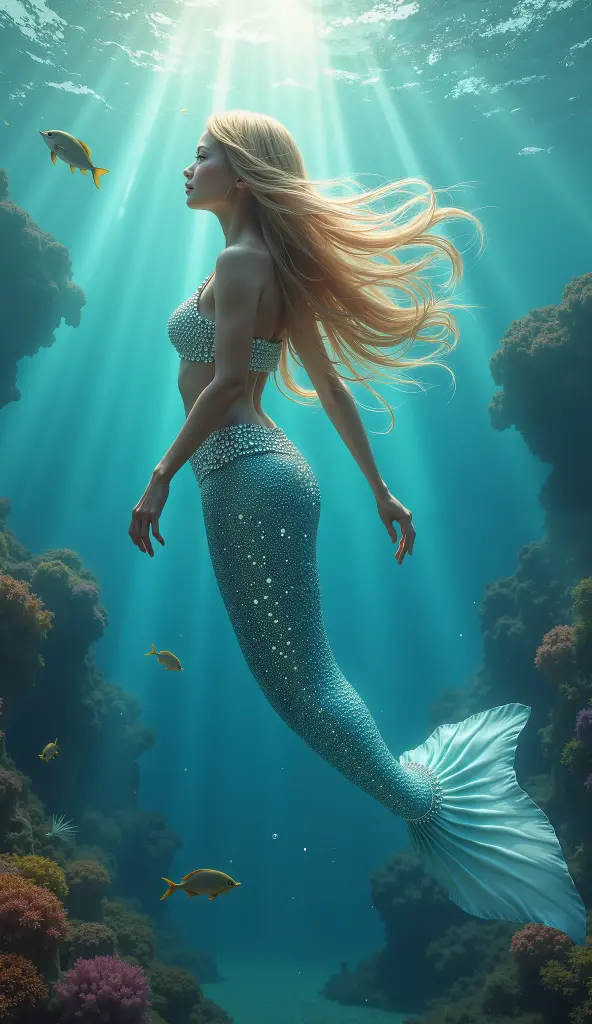 (Highest quality、Tabletop、8k、Best image quality、Hyperrealism)、(Gorgeous and beautiful mermaid:1.1)、(The most gorgeous and amazing mermaid:1.3)、(A mermaid swimming among mysterious and beautiful rocks in the deep sea:1.2)、(美しい rocky backdrop in the deepest ocean:1.2)、(Extremely complex and detailed depiction of the deep sea:1.1)、(There are lots of small tropical fish and coral reefs in the background:1.3)、(deep、A detailed depiction of the most beautiful ocean:1.1)、(A depiction of the unimaginably 美しい and mysterious deep sea world:1.1)、(Accurate mermaid tail:1.1)、Clear and detailed background,、(Accurate anatomy:1.2)、(The ultimate princess tiara:1.1)、(Top quality princess necklace:1.1)、、(The mermaid's finest costume:1.1)、(Intricately sparkling, iridescent scales:1.2)、(The background is a 美しいly shining seabed:1.1)、(Fantastic and mysterious:1.2)、(very bright and vivid:1.1)、(最も贅沢でHighest qualityのジャイアントネックレス)、Perfect Makeup、(Tyndall effect:1.1)、(美しい sunlight shines through the water to the bottom.:1.1)、(The finest mermaid bra made from scales:1.2)、(A colorful and vivid mysterious ocean floor:1.3)、(A fantastical seabed that shines extremely brightly:1.2)、(A close-up shot of the dynamic swimming mermaid:1.3)