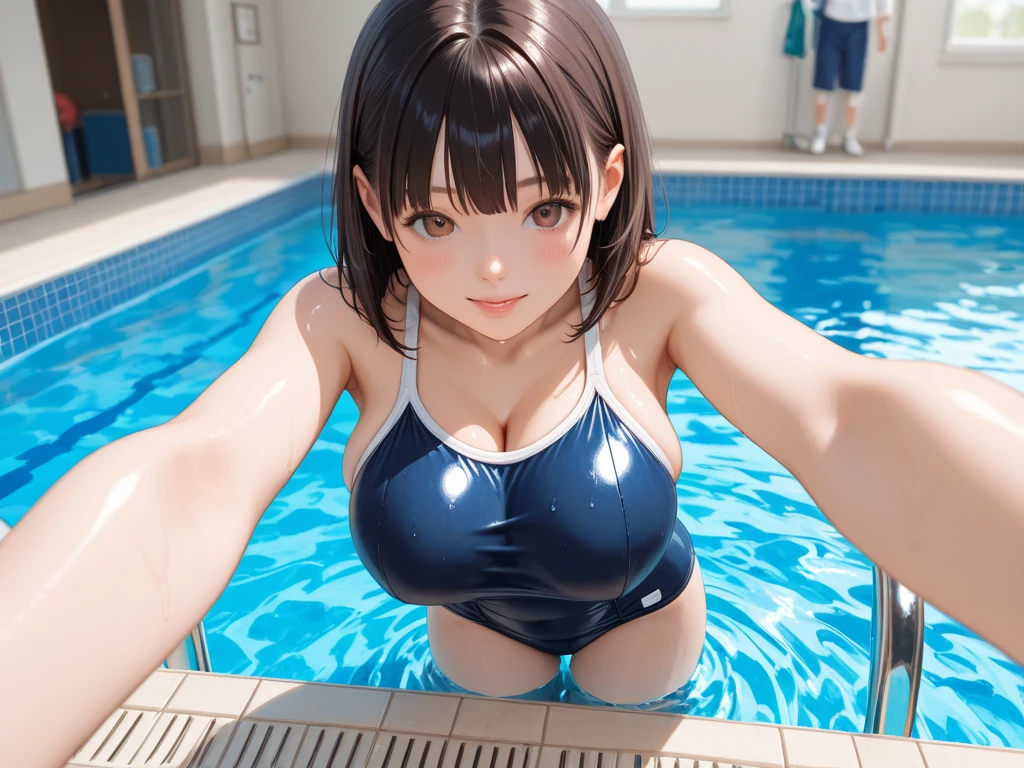 pieces fly、masterpiece、highest quality、Super detailed、High resolution、High resolution、8K portrait、Unity 8k壁紙のHigh resolutionCG、unity 8k wallpaper、cute:1.5、upon:1.5、Highly detailed CG unity 8k wallpaper、realistic、real person、cute、 portrait photography、shiny skin、High resolution、(16 years old:1.2)、(1 girl)、beautiful clear eyes、very detailed explanation、delicate face、nice lips、slender body、small breasts same thin waist、thin legs、(Poolside:1.6)、be careful, (blush:1.5),(brown hair bob:1.3),((there are many people nearby:1.4)),(small breasts:1.2),same,((navy blue school swimsuit:1.5)),((tits topless:1.5)),((I have nipples:1.5)) Detailed description vagina,show vagina,spread legs,spread 、(((Orgasm in the vagina:1.5))),((leaning forward:1.5))