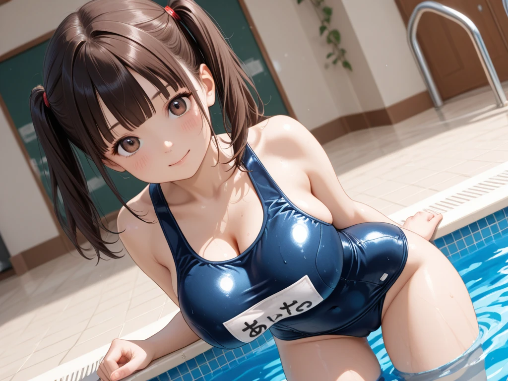 (masterpiece, best quality:1.2), (((anime style))), solo, 1girl,(delicate eyes and face), (open forehead:1.2), (dark brown hair), ((midium long,ponytail hair)), bashful, large breasts, looking at viewer, (full-face blush), embarrassed, BREAK, top-quality、Full limbs、complete fingers、Slender beauty、White knee-high、white school swim suit、Expression of distress、Pained face、Recurve the body、wriggling the body, Wet texture, reinopool, pool, indoors