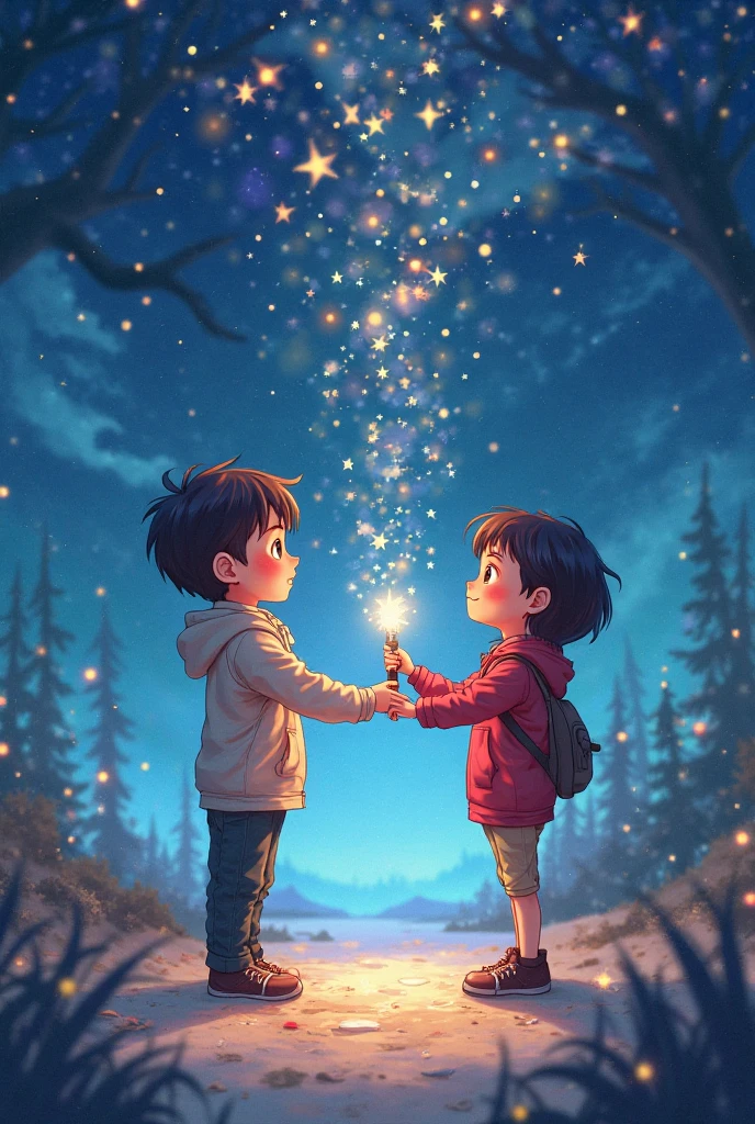 A sad boy and a star who gives him a pendant in the background of the forest