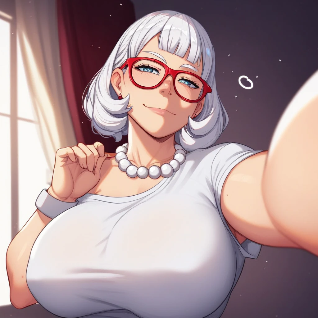 Black camisole、Huge breasts、Upper Body、blush、Cleavage、Huge penis、Staring at the penis、Sweat、Surprised eyes、Gray Hair、short hair、Wavy Hair、Glasses、grandmother、65-year-old woman