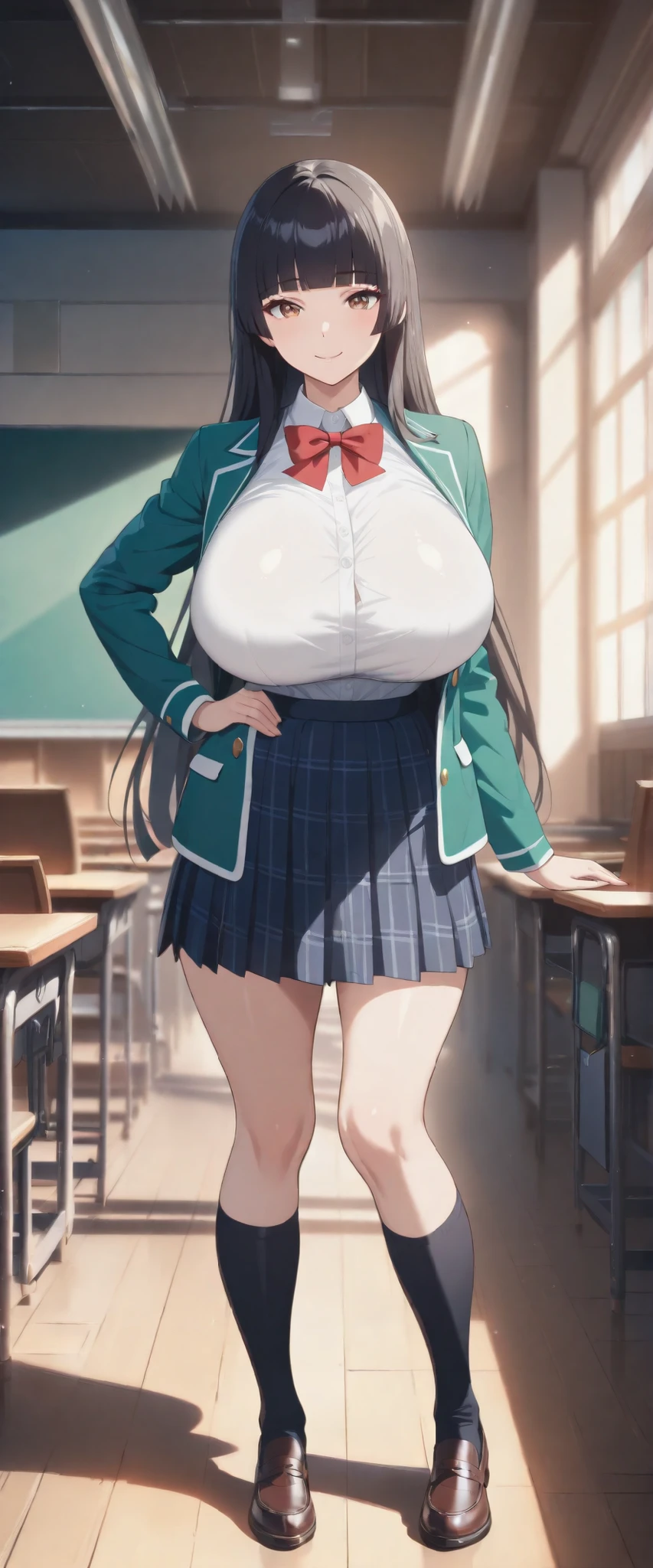 (masterpiece, 8k, super high resolution, absurd:1.2), 1 Japanese woman, 10th Generation, (Black Hair Middle, hime cut, blunt bangs), beautiful character design, perfect contrast, Anatomically Accurate, perfect face, Beautiful and delicate eyes, expressive eyes, brown eyes, Smile, (school uniform, emerald green jacket, buttoned t-shirt, Red ribbon, plaid pleated skirt, black knee-high socks), (huge breasts, saggy huge breasts:1.1), (pretty shaped ), Thin Waist, wide hips, put hand hip, In a classroom where no one else is, (full body:1.2)