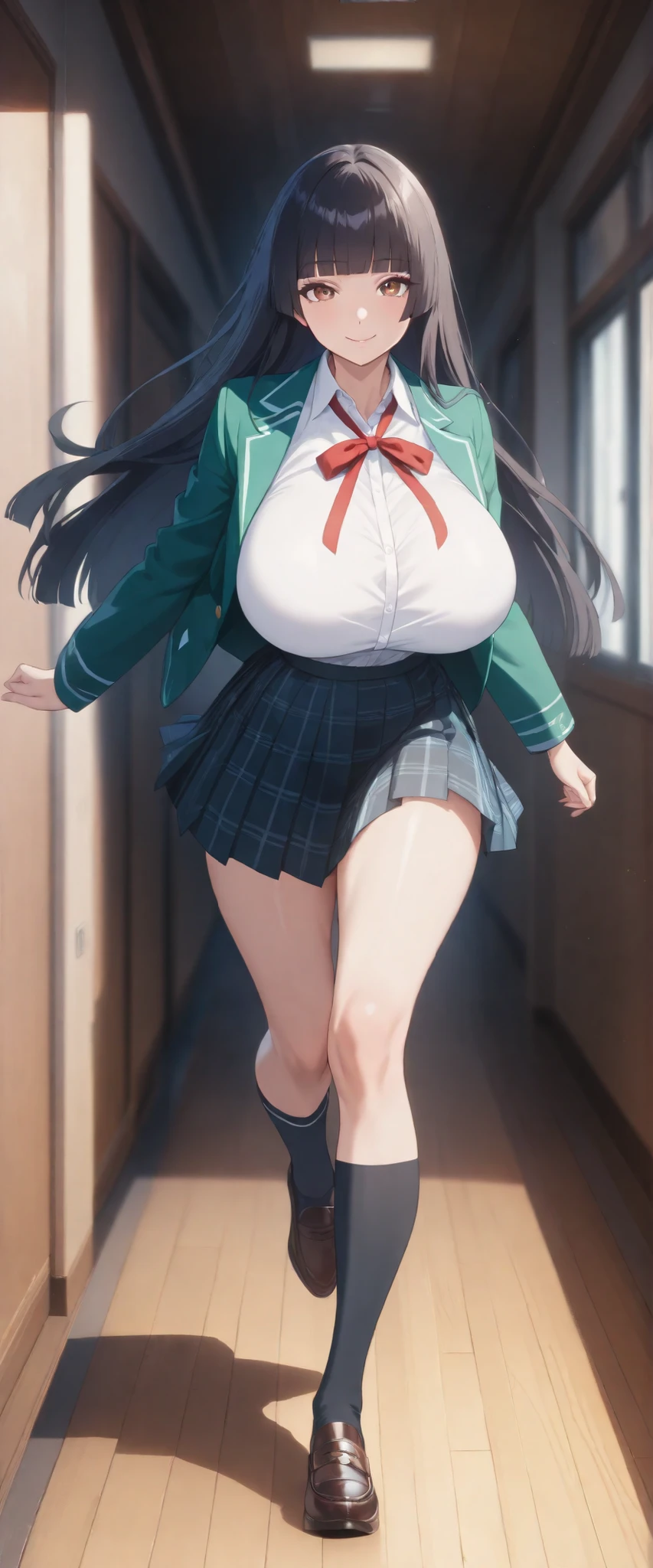 (masterpiece, 8k, super high resolution, absurd:1.2), 1 Japanese woman, 10th Generation, (Black Hair Middle, hime cut, blunt bangs), beautiful character design, perfect contrast, Anatomically Accurate, perfect face, Beautiful and delicate eyes, expressive eyes, brown eyes, Smile, (school uniform, emerald green jacket, buttoned t-shirt, Red ribbon, plaid pleated skirt, black knee-high socks), (huge breasts, saggy huge breasts:1.1), (pretty shaped ), Thin Waist, wide hips, girly running, In the Hallway, (full body:1.2)