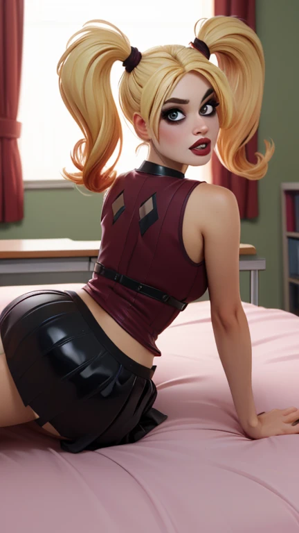 Harley Quinn, 1, big hair, fogo, people, (giving a blowjob to a tanned brunette man)