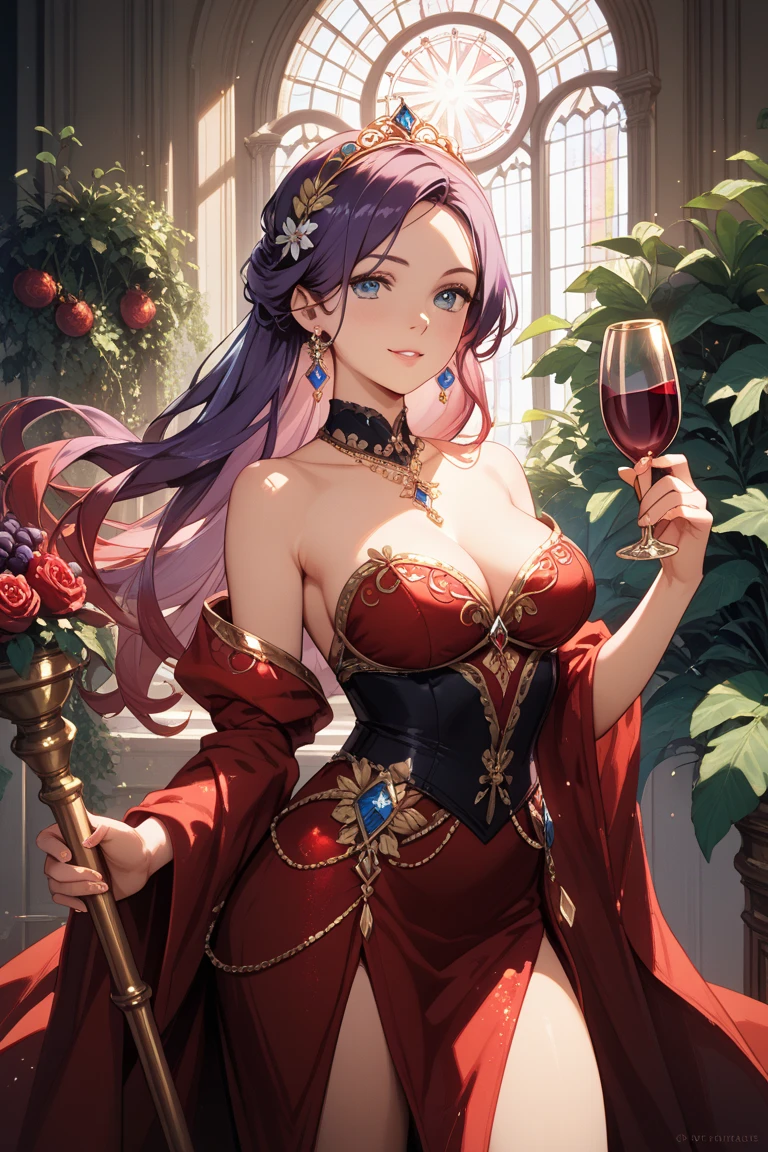 1woman, in a castle dungeon, holding glass of wine, seductive smirk,blushing, medium breasts, wide hips, big ass, Triss Merrigold, nighttime