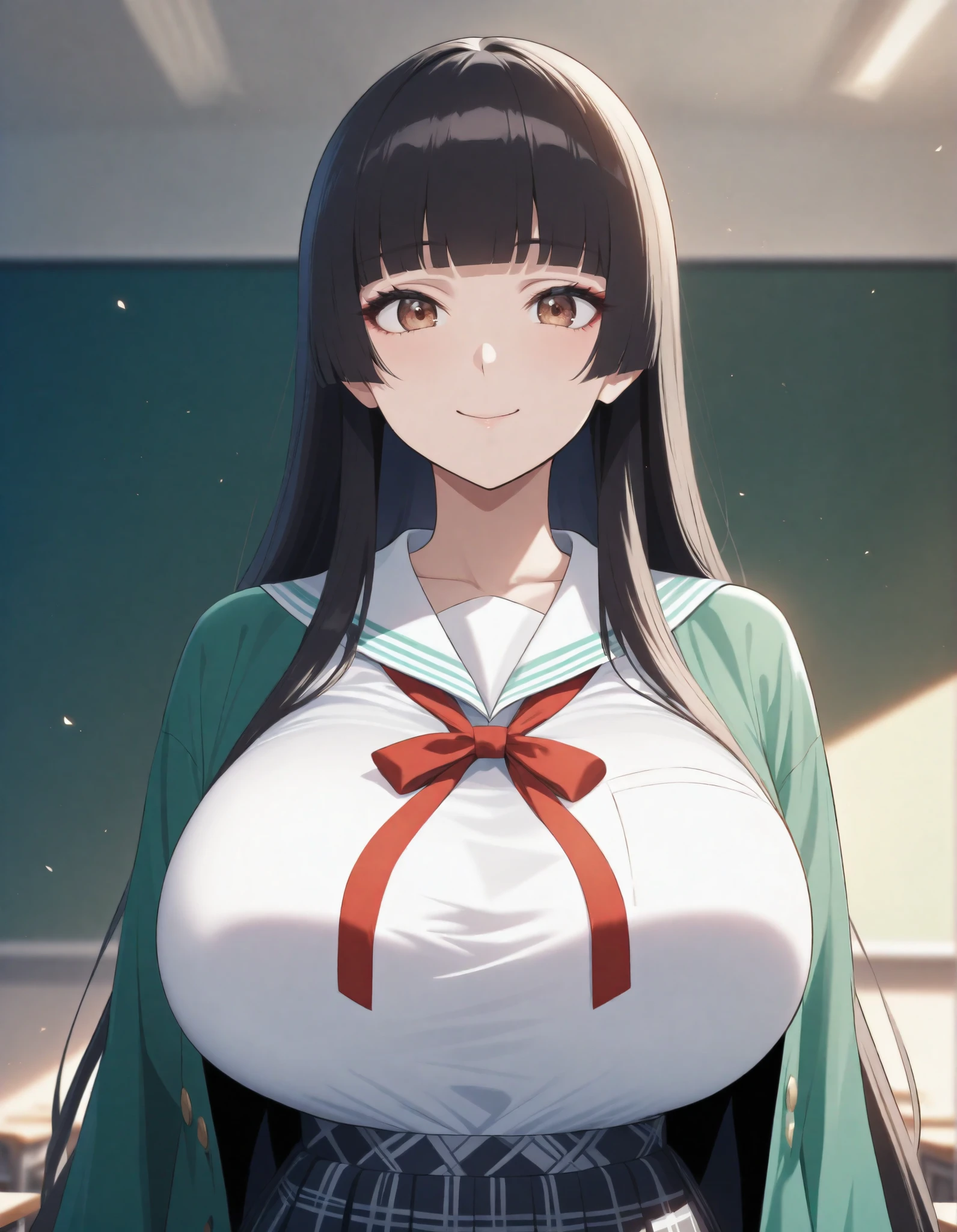 (masterpiece, 8k, super high resolution, absurd:1.2), 1 Japanese woman, 10th Generation, (Black Hair Middle, hime cut, blunt bangs), beautiful character design, perfect contrast, Anatomically Accurate, perfect face, Beautiful and delicate eyes, expressive eyes, brown eyes, Smile, (school uniform, emerald green jacket, buttoned t-shirt, Red ribbon, plaid pleated skirt, black knee-high socks), (huge breasts, saggy huge breasts:1.1), (pretty shaped ), Thin Waist, wide hips, In a classroom where no one else is, (head shot:1.2)