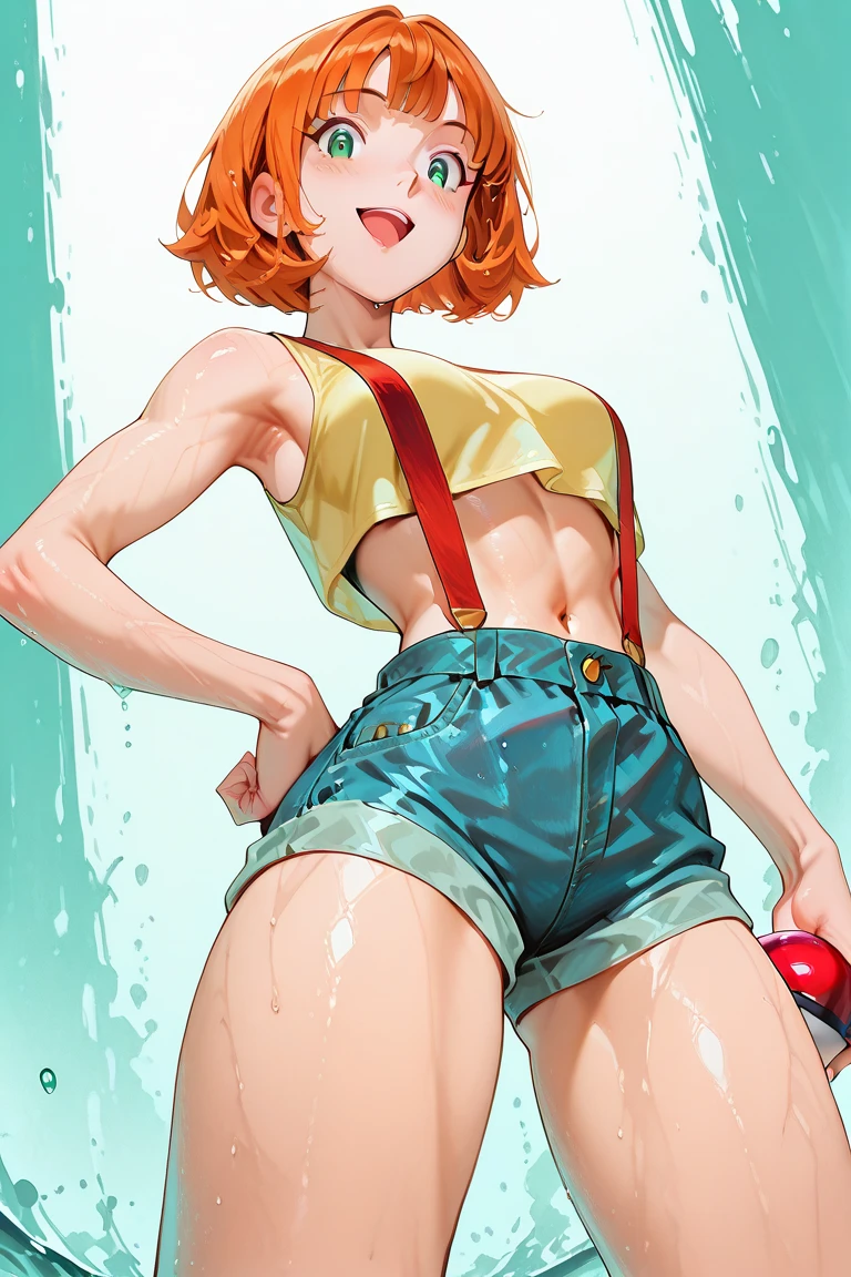 Cute girl, ripped bikini jeans, short yellow shirt that does not cover the stomach, belly showing, red sneakers, short hair, beautiful body, medium-sized sexy breasts, bikini, lifted by the buttocks, sexy body, sexy face reddish, Shy face, excited smile, watering eyes, Ripped jeans, similar to women's underwear, Jeans like a bikini