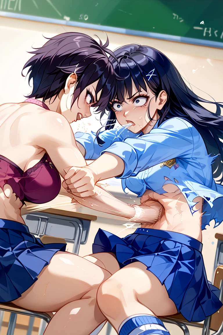 Manga comic sensual brunette girl Straight loose hair, blue eyes white t-shirt, black tabled skirt In a sensual pose, she teach self defense knee with a woden dummy (bigboob) (wet t-shirt) (highly detailed) (concept art) (manga) (anime) (draw) (face anime detailed) (comics)