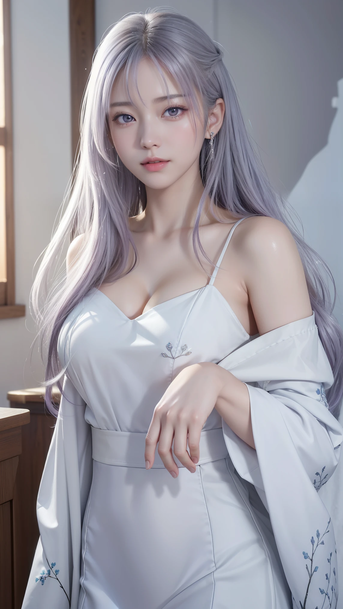 ((highest quality))、masterpiece、High resolution、smile、silver hair、bun hair、looking at the camera、D-cup breasts、lavender shirt、chest、nipples are erect