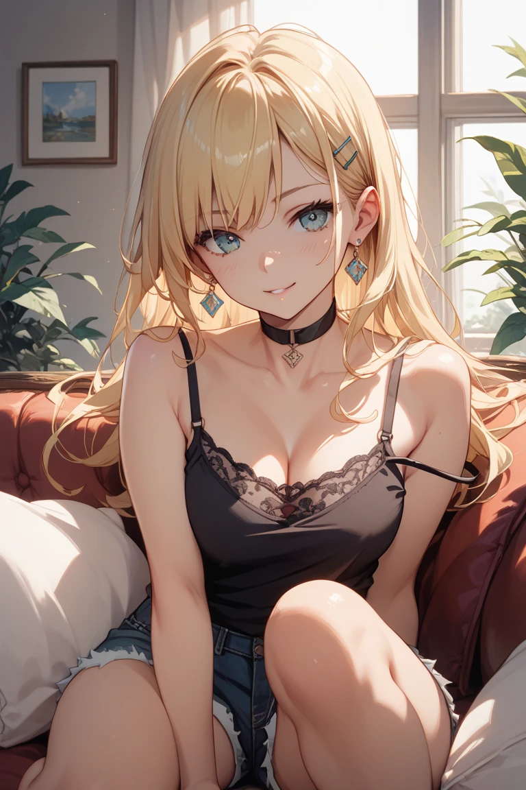 2d illustration, anime, a painting portrait in fine arts, in manhwa style, {{Bishamon from noragami}}, 30 years old,, woman,1girl, blond, long hair, big hair, purple eyes, makeup, beautiful, high definition, masterpiece, best quality, high detail, high detailed eyes, grain filter, Detailed lips, high resolution, ultra-detalhado, retrato, mulher caucasiana, realista proportions, Anatomicamente preciso, bochechas rosadas; alta qualidade, premiado, high resolution, 8k, ((altamente detalhado:1.3), com volumosos cabelos ondulados, With peach blonde bangs and purple eyes and voluminous lips, {{black cropped}, ((short jeans)), Nice anime art style, illustration Anime style, anime full body illustration, arte de personagens de anime