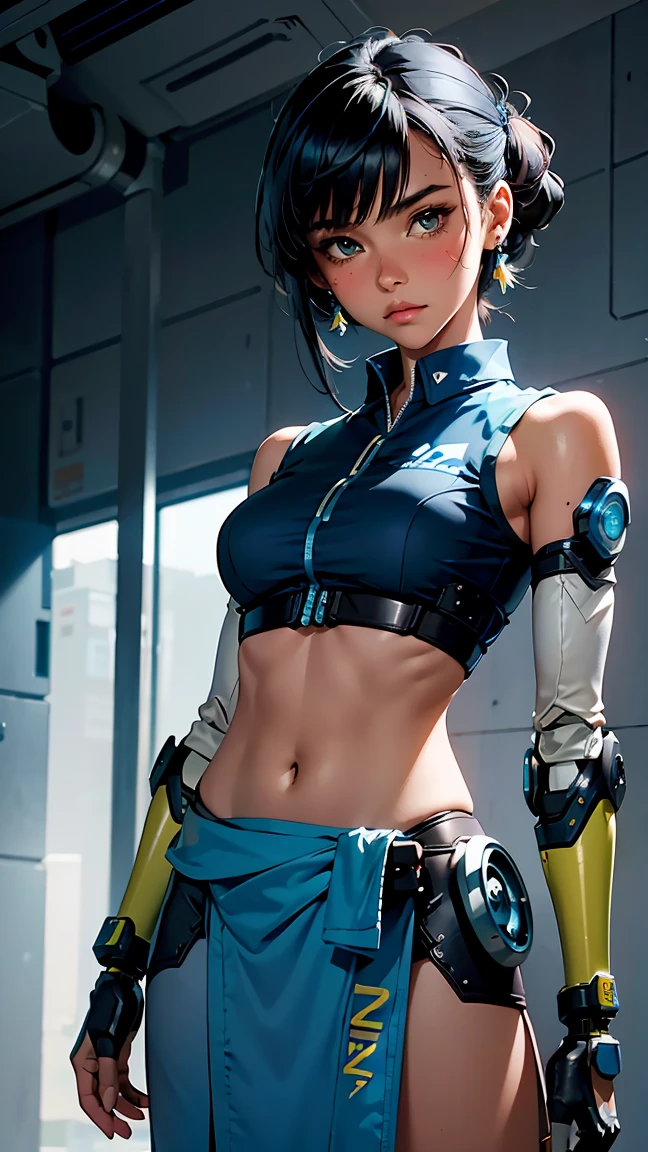 Girl with futuristic robotic arms, short black hair, slanted blue-gray eyes, uses round housing lenses, slim body with and medium hips. He wears a katana on his back while wearing a sleeveless sweatshirt that leaves his abdomen exposed along with a black thong..