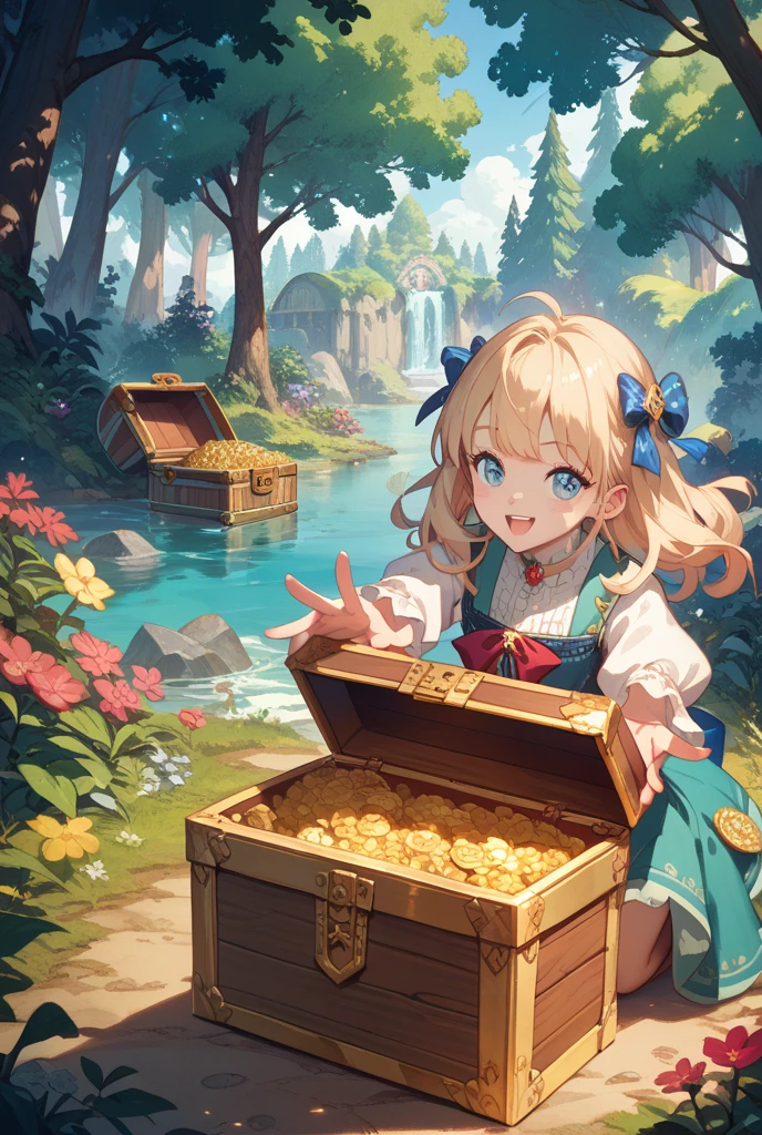 (SecretBox:1),girl happily coming out of a treasure chest, big breast,cute, smile, cleavage, curvy, shiny, coins, gold, (from above:1), (standing:1.2), island, ocean,
(masterpiece:1.2), (best quality, highest quality), (ultra detailed), (8k, 4k, intricate), (50mm),
<lora:OpenChest_Concept:0.7> <lora:tinkerbell_character:0.65> TinkerWaifu, single hair bun, strapless green dress, fairy wings,