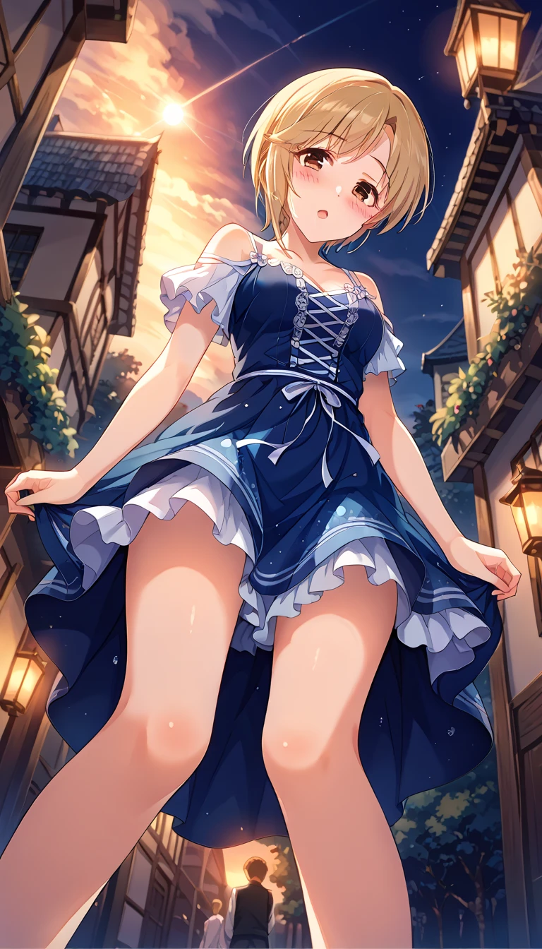 ((masterpiece, best quality;1.3)), ultra detailed, 8k unity wallpapers, CG, ray tracing, illustration, colorful, cinematic shadow, extremely detailed and beautiful background,vhd, shadering VRay,RT, 1girl, teenage, petite, loli, blush, solo, blue eyes, (blush), (blonde hair), (medium hair), (large breasts), slim waist, white glowing skin, highly detailed beautiful face, beautiful face, beautiful eyes, (talented Lo-Fi:1.3), naked, sexy, lewd, (short baby doll dress), outdoors, blue sky, (from below), close-up, glowing, glowing light, ultra detailed, scenic, atmospheric