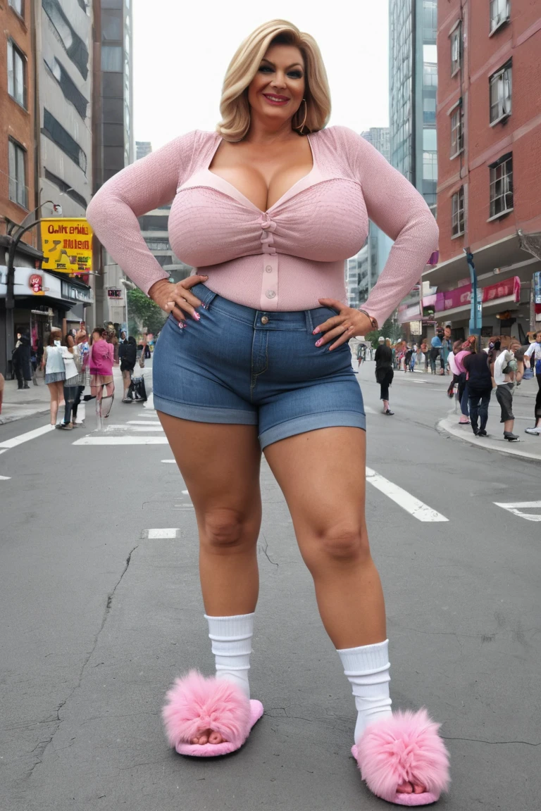Massively tall and athletic superheroine with long red hair which flares up at the ends, and brown eyes. She has a brown newsboy cap. Her attire consists of a pink stringed hoodie vest layered over a pink crop top. The outfit is paired with a miniskirt that goes extremely far past her hips. Her wears knee-high boots. She has a smug smile. Huge breasts