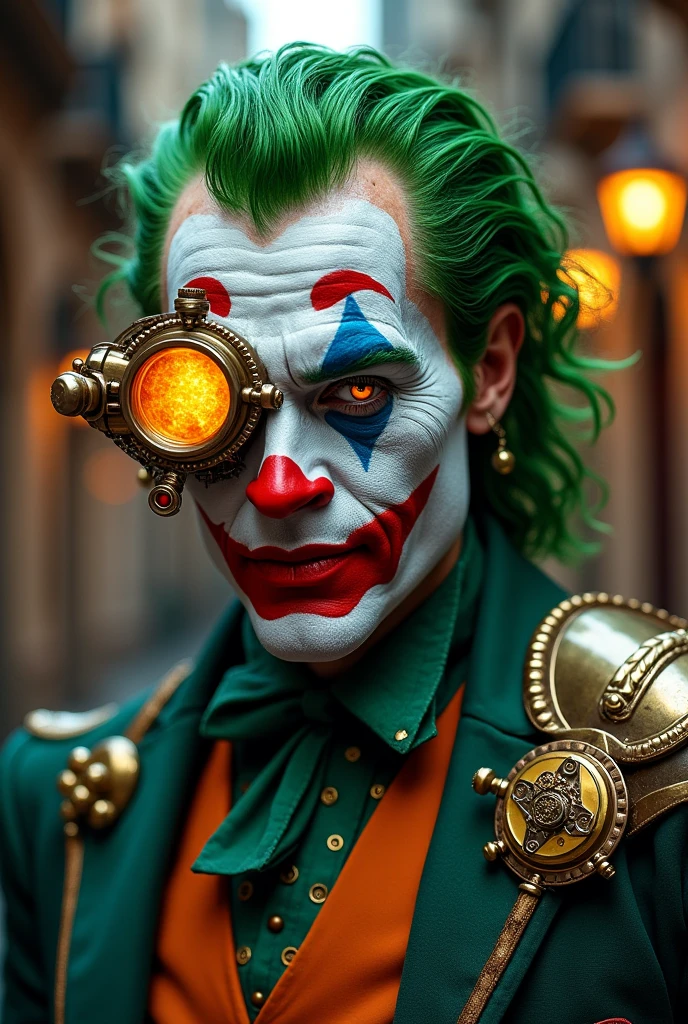 A gothic steampunk clown with dark, mechanical makeup, green steamy smoke rising from his face, and Victorian attire. The background is a dark, industrial city.