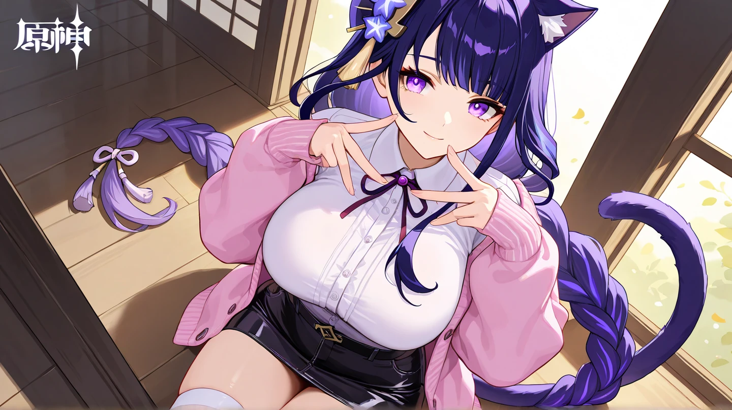 A young woman in her 20s with long black hair with purple tips, light purple eyes, a chest with cat ears and a large, fluffy cat tail. Wears black round glasses and wears a cat bikini."stick out tongue in open mouth,blushing"