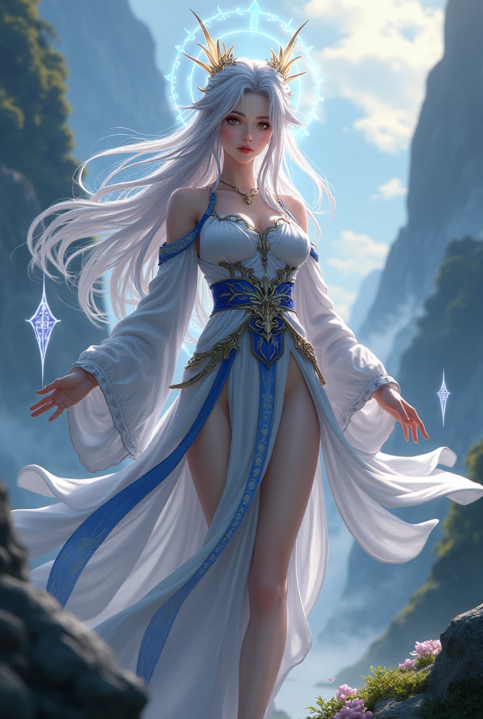 (8k, RAW photo, photorealistic:1.4) ,( lip gloss, eyelashes, glossy side, shiny skin, best quality, super high resolution, depth of field, chromatic aberration, caustics, special light, natural shadow, crown, Kpop idol), light pink and sky blue style, (real: 1.2), 1girl, (orange sky: 1.5), tall and thin beauty goddess, flowing dress, conservative girl, cloud goddess, flowing white fabric, Wearing a flowing dress, (blue sky and white clouds in the background: 1.4), (wind: 1.5), (full body: 1.5), nhjy, a white dress with a peacock on it