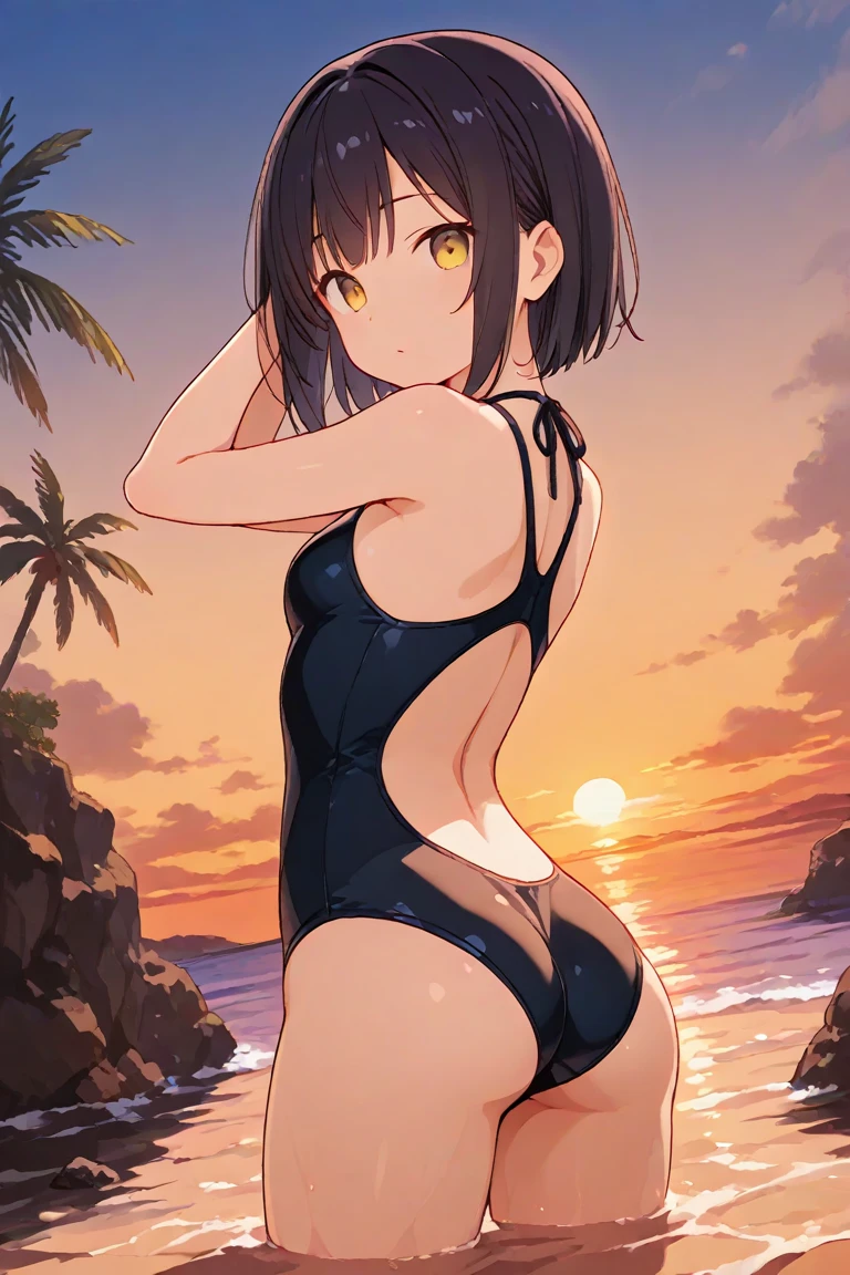 ((Mejor calidad)), ((Obra maestra)), (detallado), cara perfecta, chica negra, vistiendo un bikini dorado, mientras baila twerk, vista desde atras, en una playa, con muchas chicas