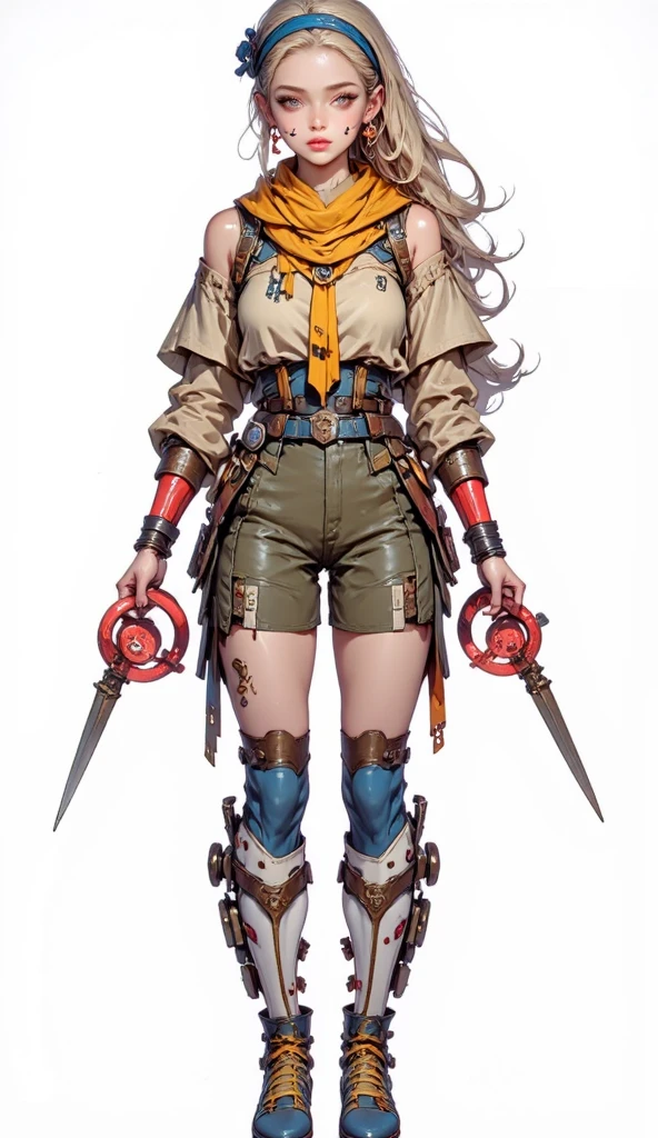simple background, white background, solo, (simple background, white background: 1.3),
Masterpiece, 1 female, adventurer girl, medieval long sword, short orange hair, ponytail on the left side, right hand raised, left hand on hip, white short cloak, left knee pad, wearing black leather boots
game character design, concept design, character, character, high detail,