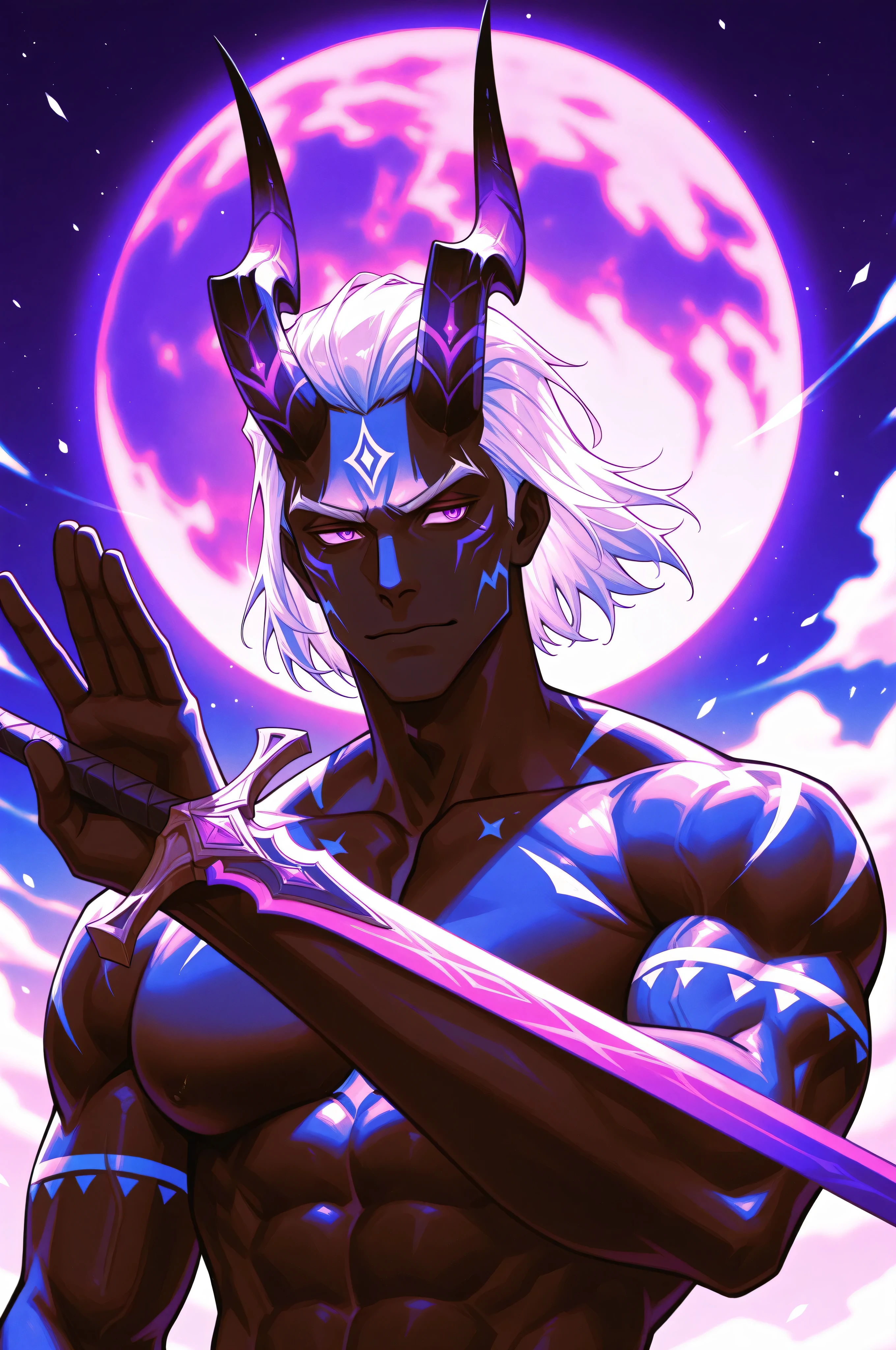 1boy,solo,flora_humanoid, male, black skin, short hair, neatly combed hair, white hair, purple eyes, tribal markings on his cheeks, luminescence,Large pectoral muscles,A huge purple moon,(The crooked horns of the devil-goat:1.5), Holding a sword in one's hand,fighting stance,dynamic,Half-body portrait,Waving a sharp sword,A mature face,The crooked horns of the devil