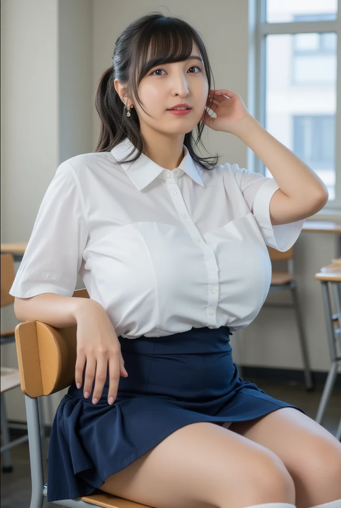 white smoke nurse uniform,mini skirt,big breasts,plump body,cute face,embarrassing,bob hair,hospital,table top, very detailed and beautiful,attractive mature woman,adult woman,Japanese