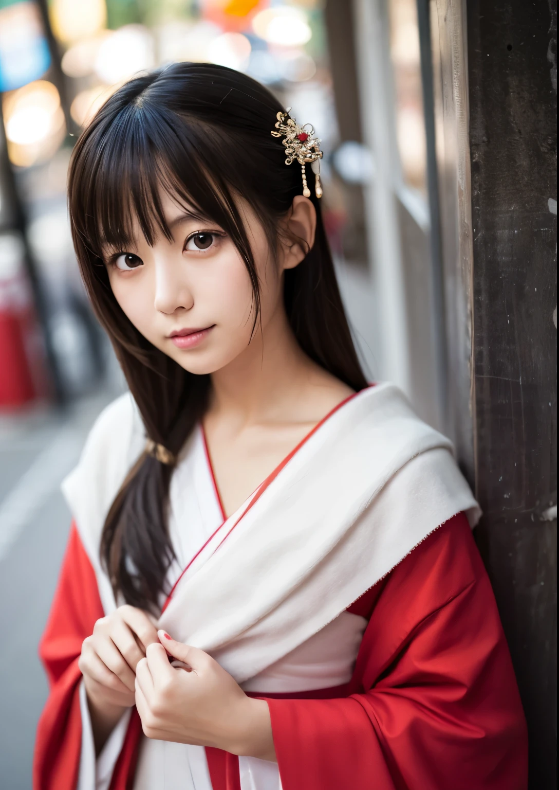 (masterpiece, best quality, ultra-detailed, best shadow), hyper detail, best illumination, anime woman, 8K, long hair, shiny hair,(hair flaps), brown eyes, brown hair, shaded face, full body, sagiri, 1girl, sad, looking at the frame, looks at the viewer, kimono, white robe, sakura petals, forest background, katana, (portrait:1.4)