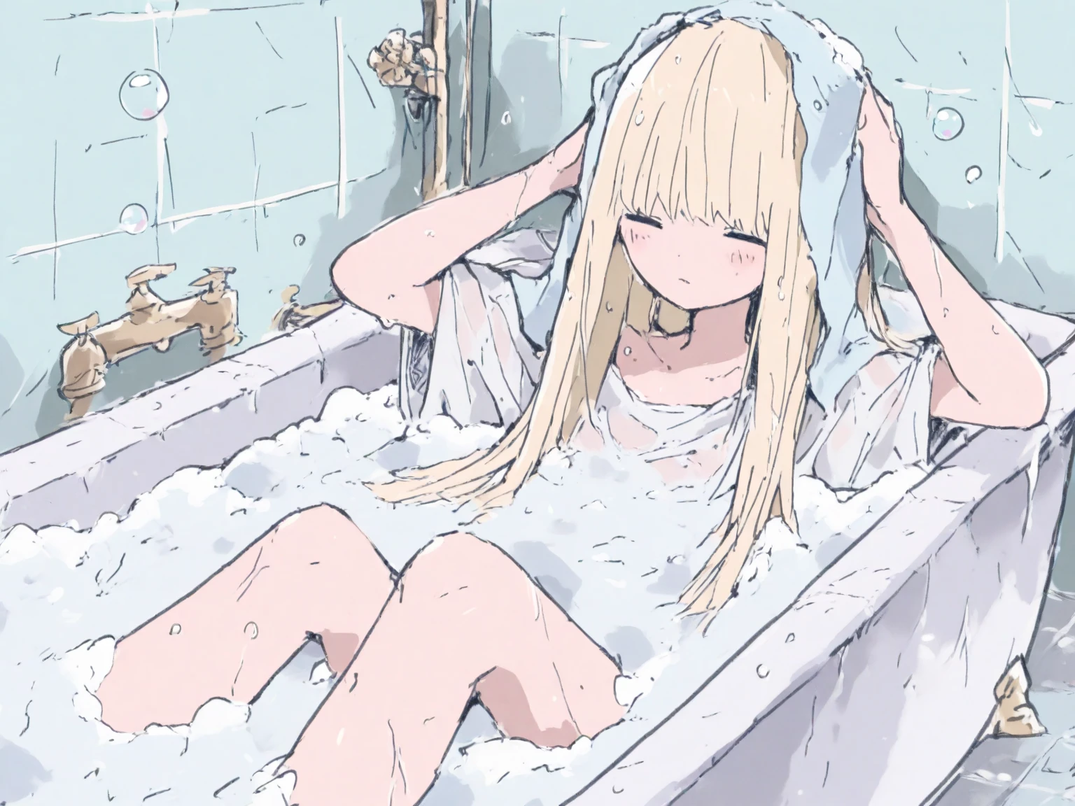 Elven race,No cat ears,Bathing,Almost naked,red eyes,Royal sister,Playful and cute,top quality,perfect face,masterpiece,tub,White hands ,White-haired