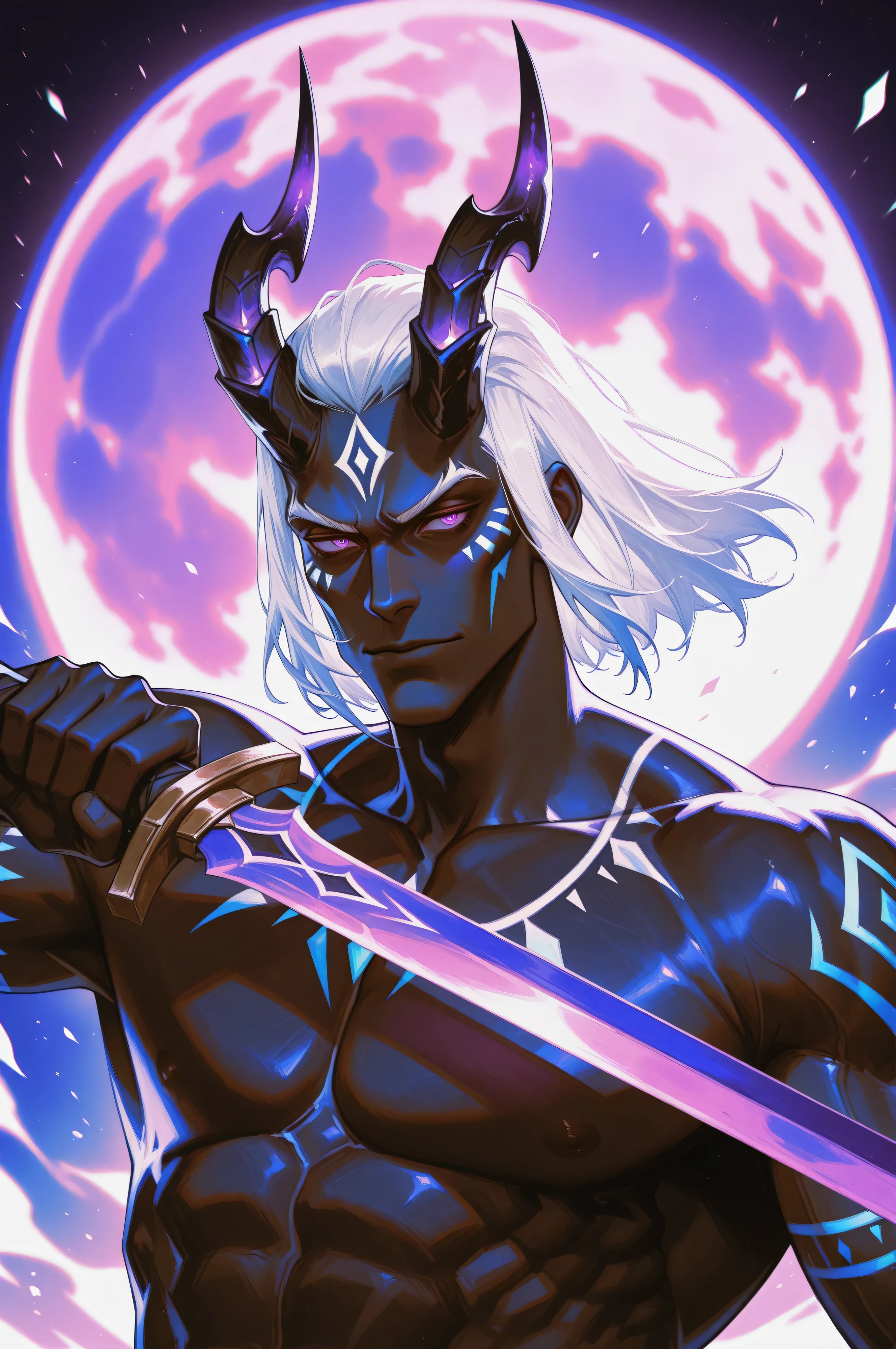 neobold2, painterly_style, moody_atmosphere, 1boy,solo,flora_humanoid, male, black skin, short hair, neatly combed hair, white hair, purple eyes, tribal markings on his cheeks, luminescence,Large pectoral muscles,A huge purple moon,(The crooked horns of the devil-goat:1.5), Holding a sword in one's hand,fighting stance,dynamic,Half-body portrait,Waving a sharp sword,A mature face,The crooked horns of the devil
