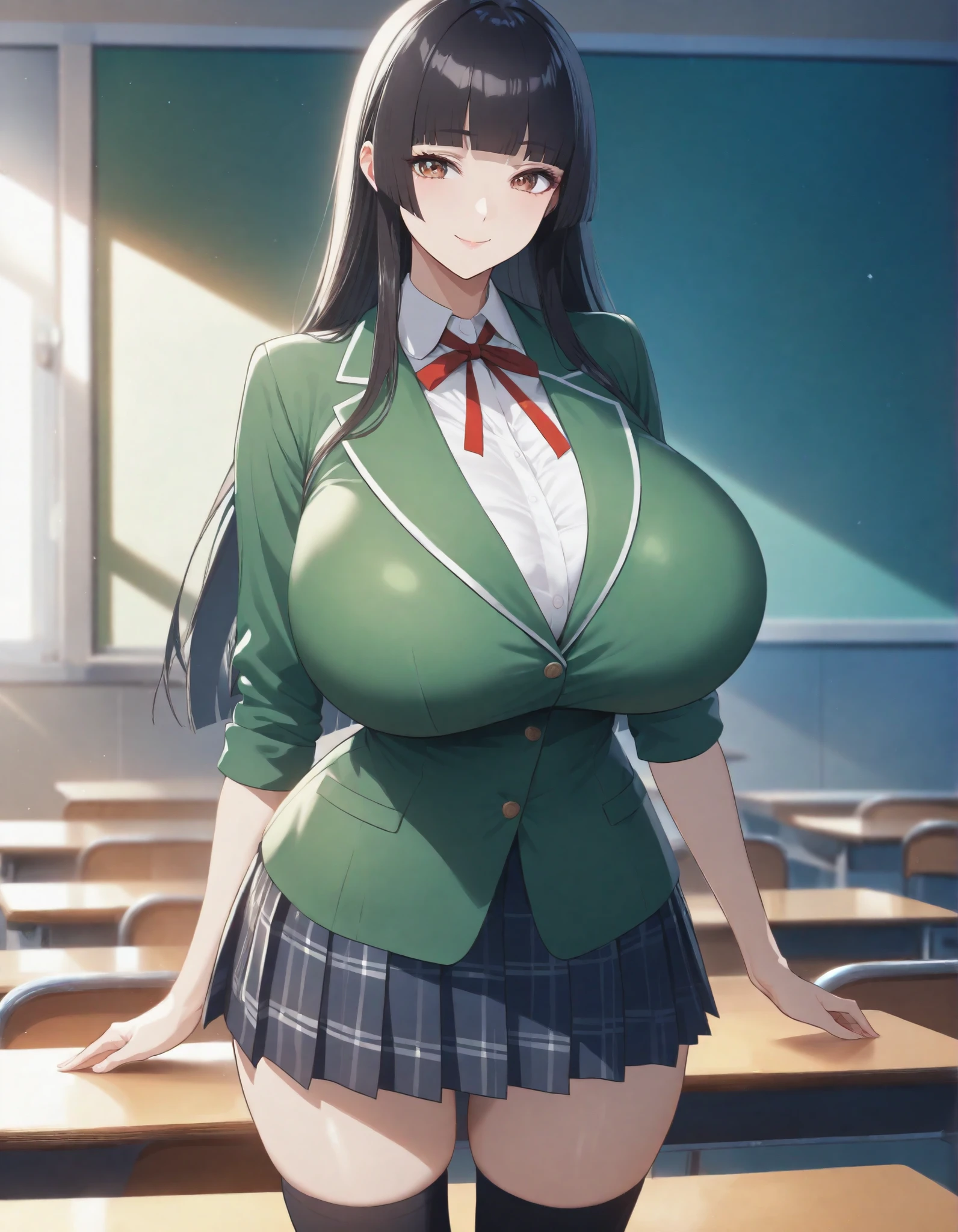 (masterpiece, 8k, super high resolution, absurd:1.2), 1 Japanese woman, 10th Generation, (Black Hair Middle, hime cut, blunt bangs), beautiful character design in the gymnasium warehouse, perfect contrast, Anatomically Accurate, perfect face, Beautiful and delicate eyes, expressive eyes, brown eyes, Smile, (school uniform, emerald green jacket, buttoned t-shirt, Red ribbon, plaid pleated skirt, black knee-high socks), (huge breasts, saggy huge breasts:1.1), (pretty shaped ), Thin Waist, wide hips, In a classroom where no one else is, (Back view)