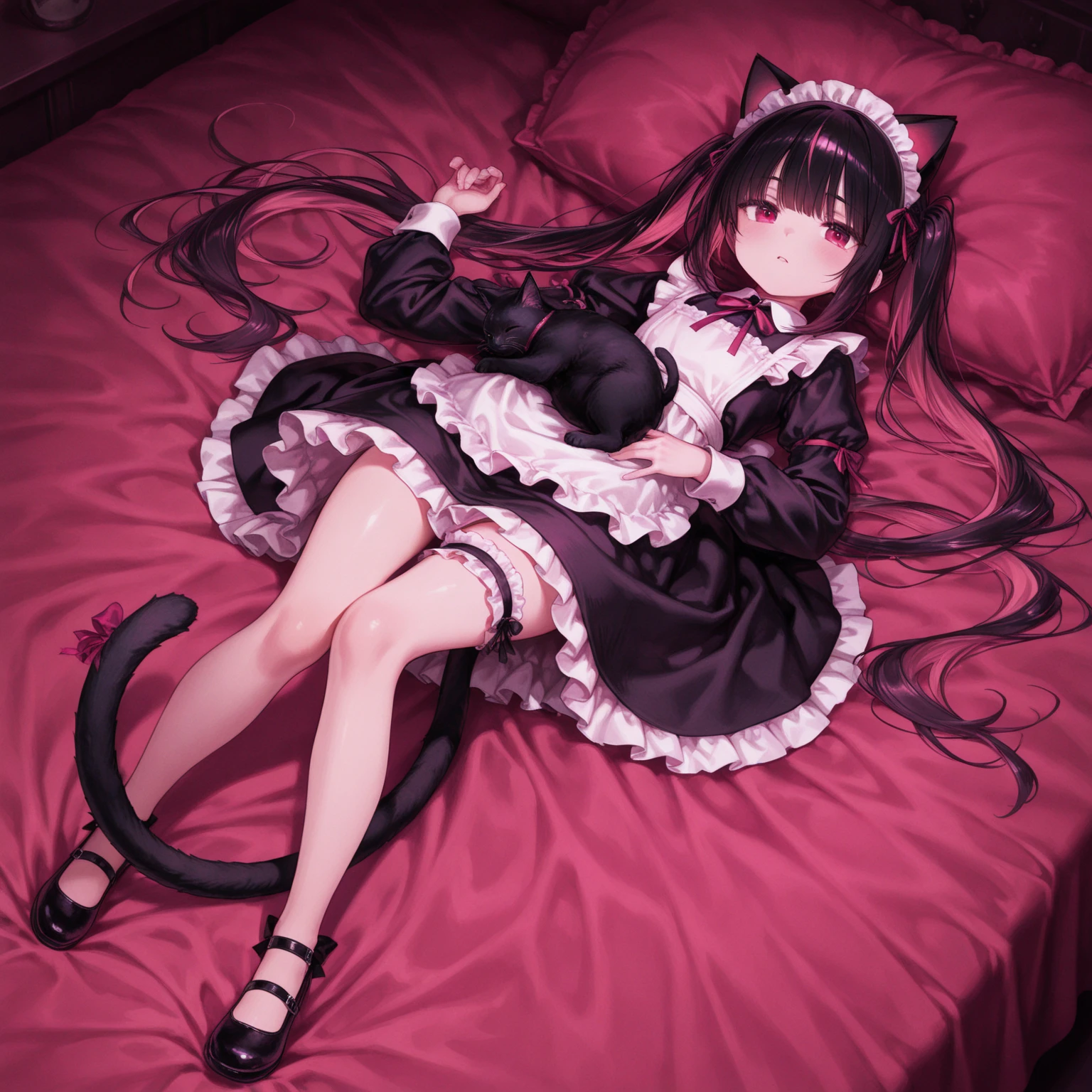 Gothic girl with sharp teeth and black boots lying on the bed next to a black cat