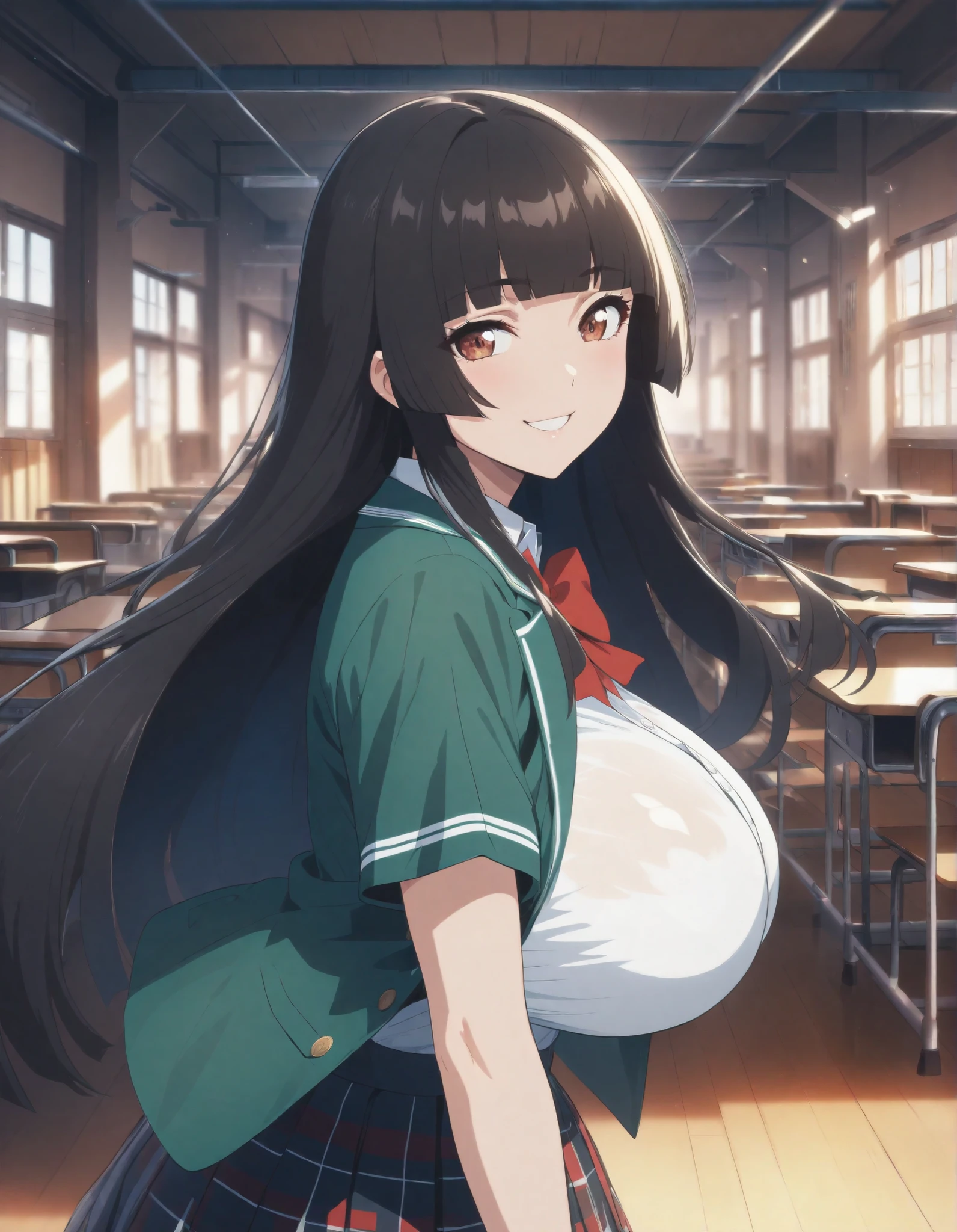 anime girl sitting at a desk with her hand up, oppai, realistic , a hyperrealistic , with a large breasts, big breasts!, big breasts!!, hyperrealistic , anime moe artstyle, [ 4 k digital art ]!!, gapmoe yandere, teasing smile, school girl, nagatoro, ecchi anime style