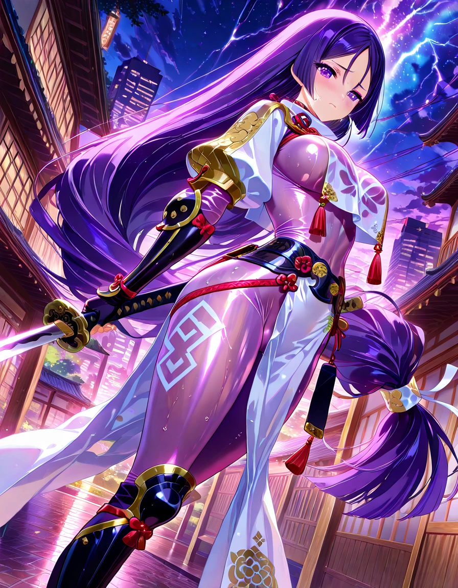 anime girl in a purple and black outfit standing in front of a forest, genshin impact keqing, genshin impact zhongli, Heise Jinyao, Ayaka Genshin Impact, Moe anime art style, black fur wizard, demon slayer rui fanart, ayaka game genshin impact, Yun Ling, Inspired by Song Maojin