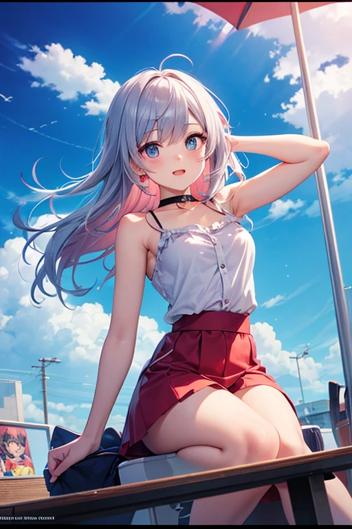 1 White long ponytail hair girl with light blue bunny ears wearing sky blue crop top and white skirt 2 black socks without shoes