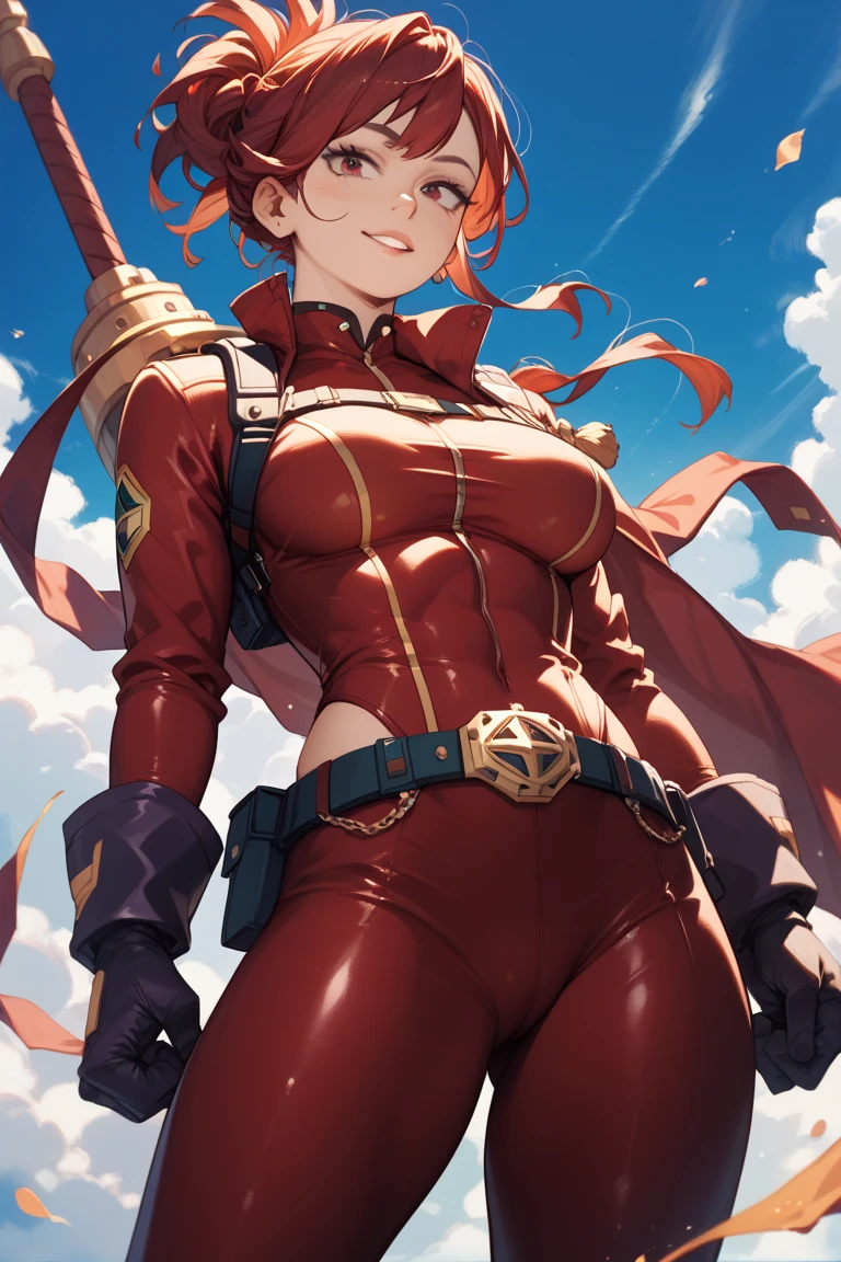 Honoka kousaka love live, blue eyes, orange hair, solo, Fashion , red latex bodysuit, belt, police cap, shoulder armor,gray cape , curvy body, cowboy shot
