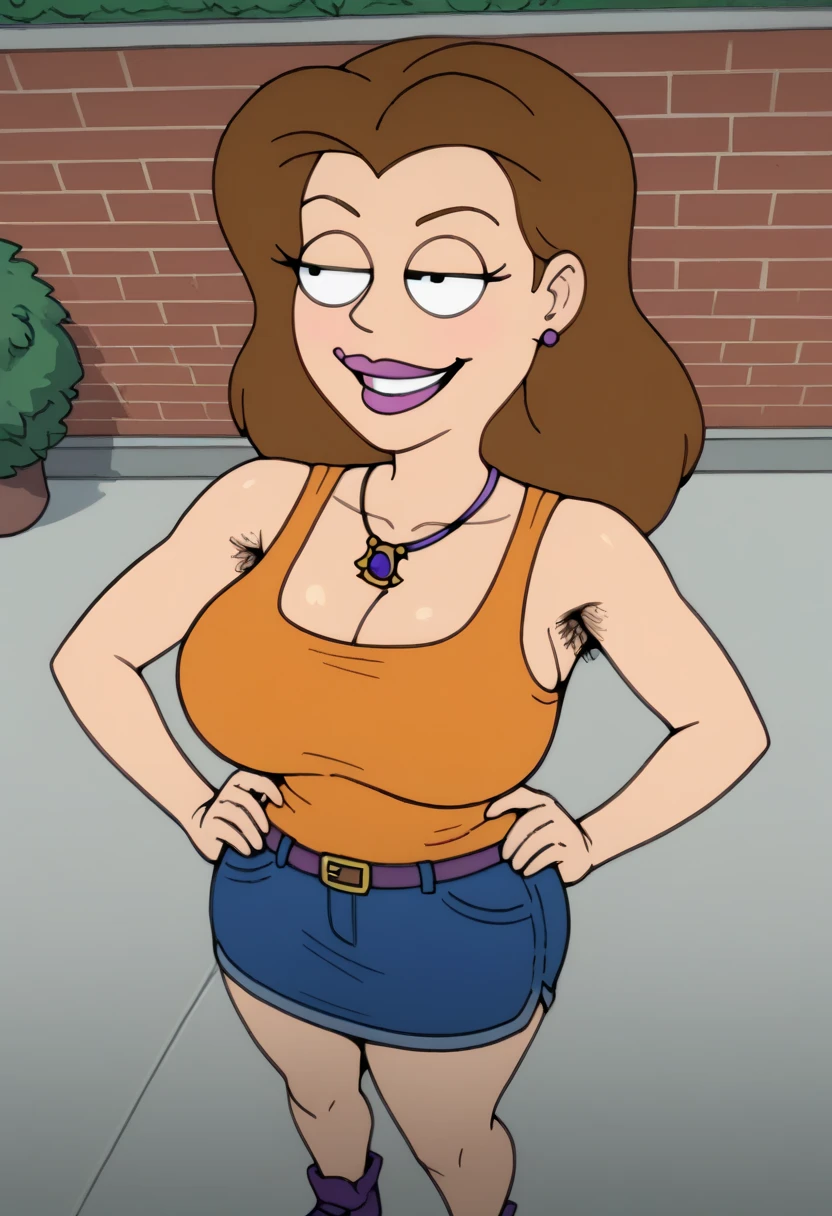meg, brown hair, 1girl, glasses, solo, short hair, flat color, blue short shorts, beanie, pink bikini top,standing, hand on own hip, looking at viewer, smile, massive breasts, underboobs, thick thighs, thin waist, tall open-toe platform high heels
