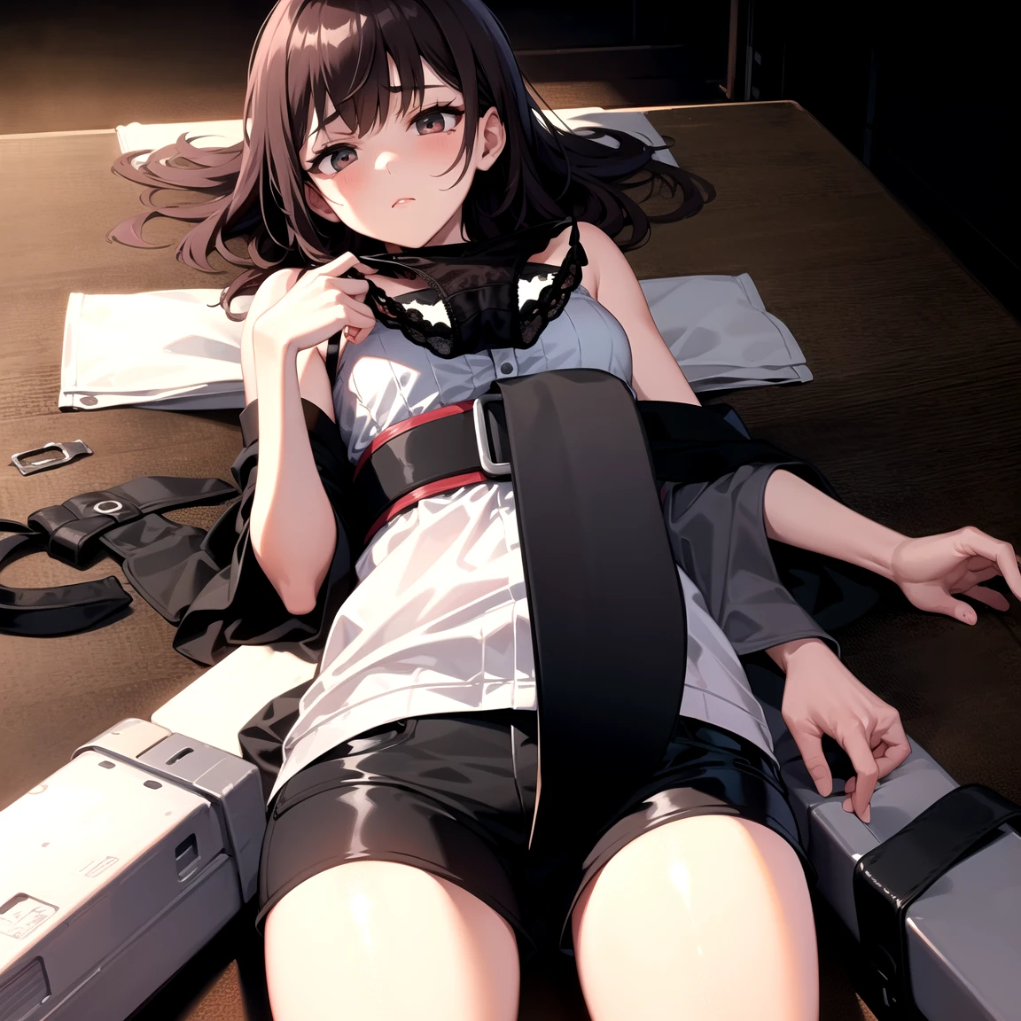 Kurosaki, Tokisaki Crazy Trio, black hair color hair, Low double ponytail, (Hair above one eye:1.5), (red eyes:1.2), (Small under breasts:1.2), Break thighs and thighs, Hats,, white thighhig, nurse hat, nurses, Tokisaki Crazy 3, intermittently (tmasterpiece:1.2), Best quality at best, A high resolution, Unity 8k壁纸, (lamplight:0.8), (beautidful eyes:1.6), extremely, extremely, The face is very delicate, perfect litthing,extremely detremely detailed CG,(perfect hand,perfect anatomia),professionalartwork, Complicated details, Field of View, Focus sharp, Detailed depiction of the, Photorealistic lighting, Popular topics on pixiv,(tmasterpiece:1.0),(The best_quality:1.0), 超A high resolution, ultra - detailed, photography of, 8K, HighDynamicRange, A high resolution, Ridiculous resources:1.2, Cordas Portela 400, filmgrain, Focus sharp, bokeh:1.2, lens flare glow, (a vibrant one_colours:1.2), (((Indoors, Hospital details))), Anaros, 1 plump girl, female maturity, black hair color hair, Long gray hair, (yellow-eyed), Large breasts, nurses, nurse's outfit, high-heels, soft skin, hair intakes, (Alone:1.4), (Full body like,covering breasts), Angry and shy, Angry and shy face,lie,Lie down in bed,The room was messy,nurse's outfit,White transparent clothes,In the cell,in prison