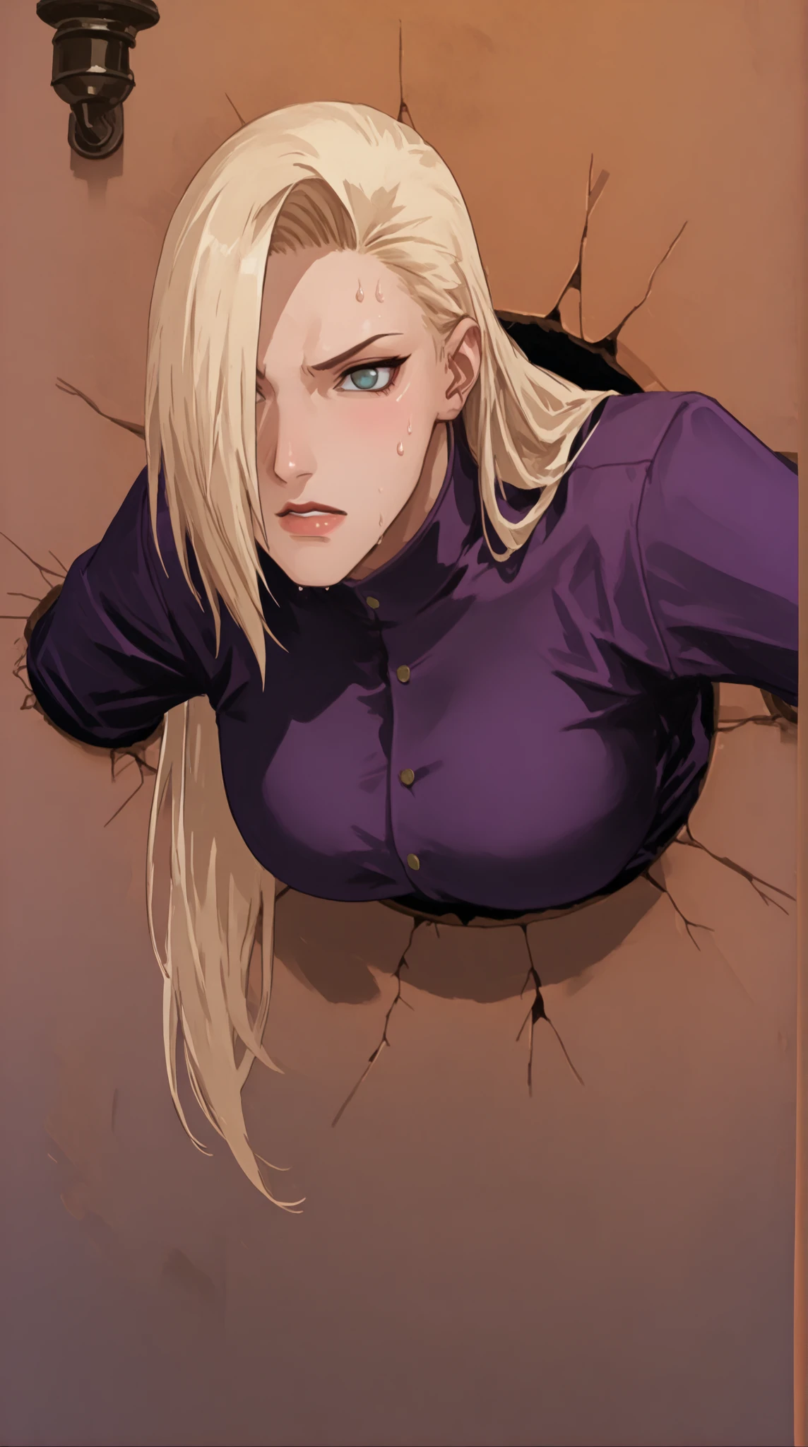 Ino Yamanaka， 32 year old adult, physical education teacher, wearing casual clothes at home, rainy day, sitting on the sofa thoughtfully, Close-up close-up, with a good number