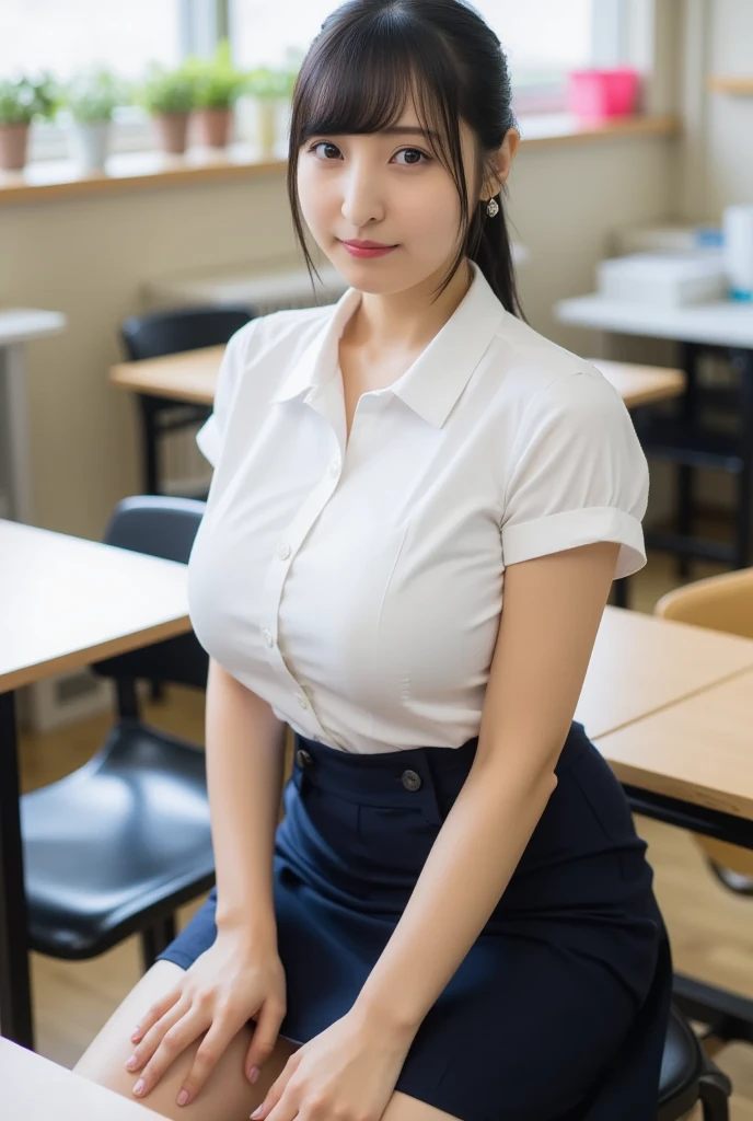 (1 MILF lower body:1.9), (From the bottom up), staring at viewer, masterpiece, vibrant colors, shadows, classroom setting, effeminine, (morden long sleeve teacher shirt:1.6), slim waist, huge hips, wide hips, large butt, mature lady, pale, mature female teacher,legs are open,Sit,focuses on the lower body,high heel,(((Very MILF leg shape))),(gigantic hip:1.5), (ultra cute Japanese-Chinese hermaphrodite MILF idol face:1.4), (Heavy Chinese traditional makeup:1.5), ((35 years old)), masterpiece, best quality, (Hazy:1.4),(Elongated ultra-small monolid eyes), (flat bangs:1.8), ((ultra-plump fat body)), ((hime cut hair style)), ((long mature haired)), ((ultra-huge breasts)),((The face of a 45 year old mature woman)), long hair,Non-ethnic costumes,long skirt