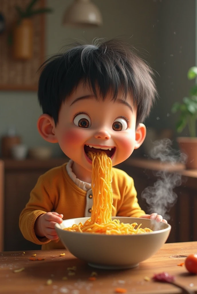 A ??? turned to small kid while eating instant mee