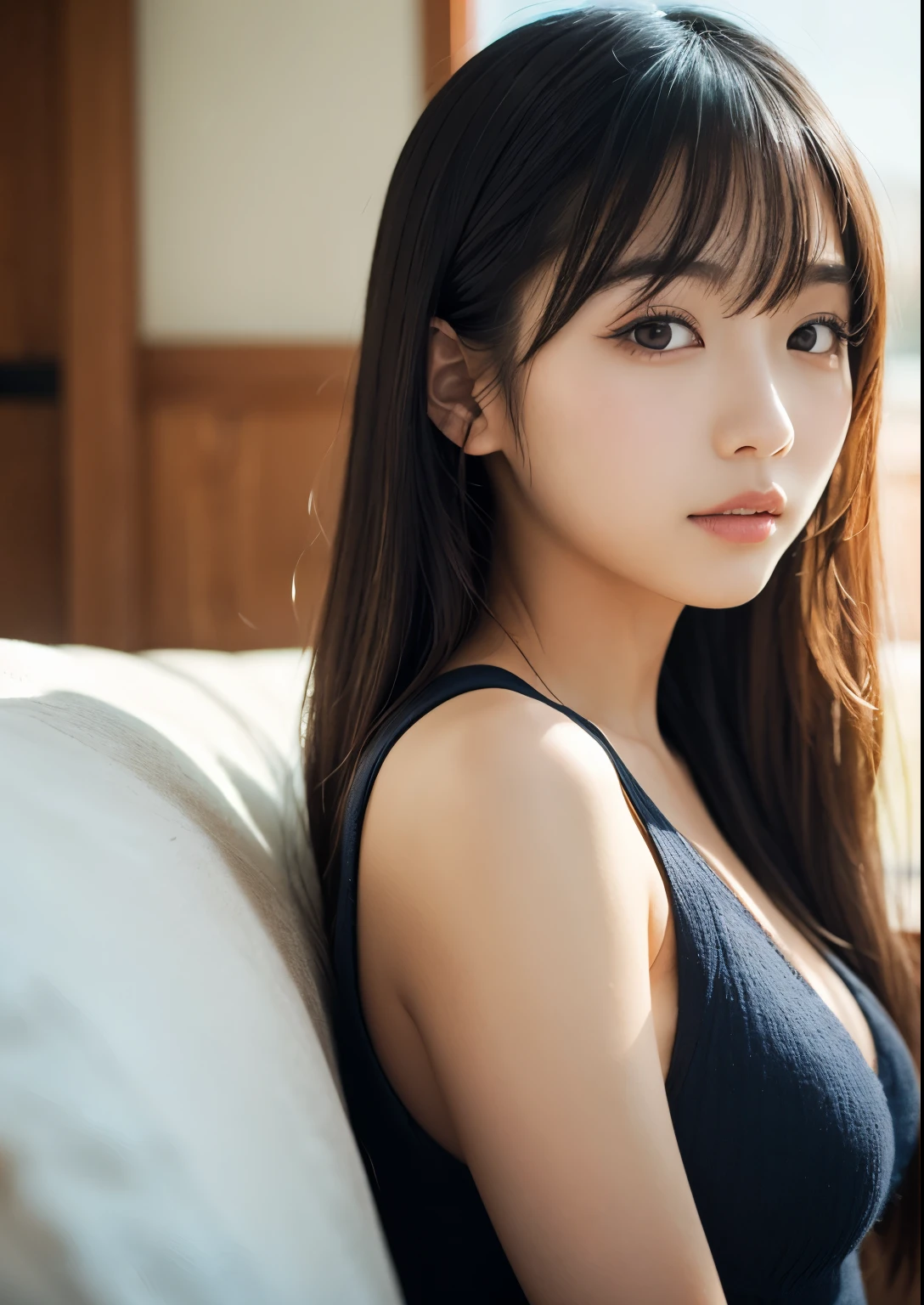 (8k, RAW photo, best quality, masterpiece:1.2), (realistic, photo-realistic:1.4), (extremely detailed 8k wallpaper), sharp focus, depth of field, blur background, bokeh,natural light,In the bedroom,japanese woman,long hair,Beautiful breasts,(black plain bikini: 1.5),(Lying in bed:1.5),Lying on your back,Looking at viewer,((super fine face)), Standing posture,The whole body was photographed