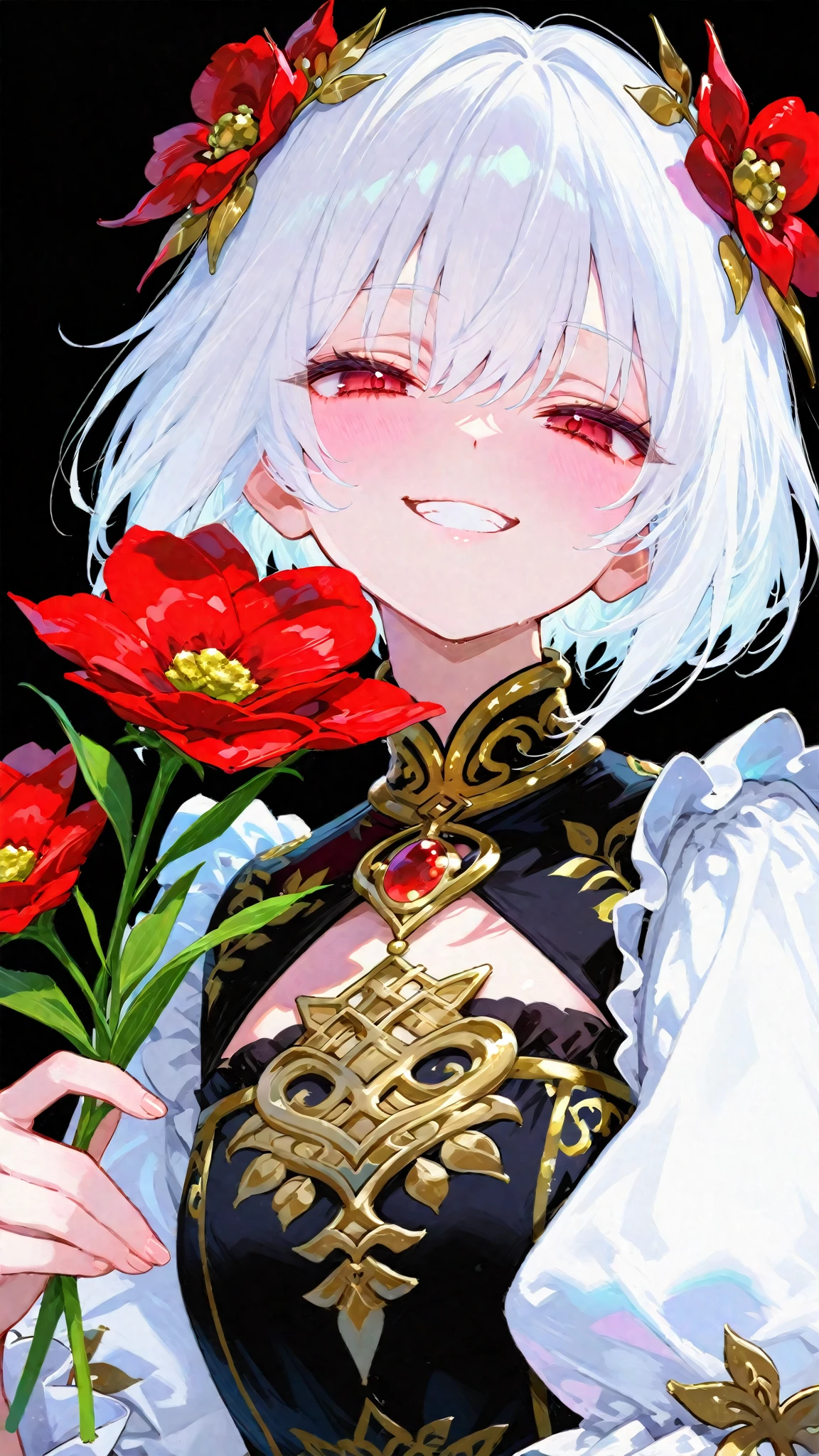 young man, (((male))), (((man))), (((one person))), single, solo, (((white colored hair))), (((red colored eyes))), ((blood red colored eyes)), (medium short hair), (((grey colored skin))), wavy hair, slim figure, ((flat chest)), ((wearing fantasy clothes)), fantasy style, (((wearing flowers in his hair))), ((flowers in hair)), ((pointy ears)), ((spiderlily flowers)), (sunny weather), smiling, dark red colored flowers, thorns, spikes, warm light, gold colored details, undead, (happy), (cute face), black colored blood, black ink, chain with a pocketwatch