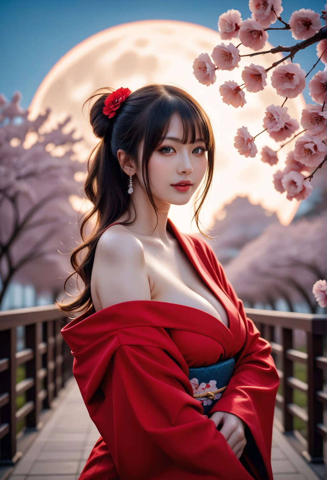 1 female、masterpiece、Detailed body、Detailed facial expressions、Beautiful Face,Lots of flowers,Falling flowers、Fascinating、Sex Appeal、Japanese style、(Big red full moon)、Blue-green eyes