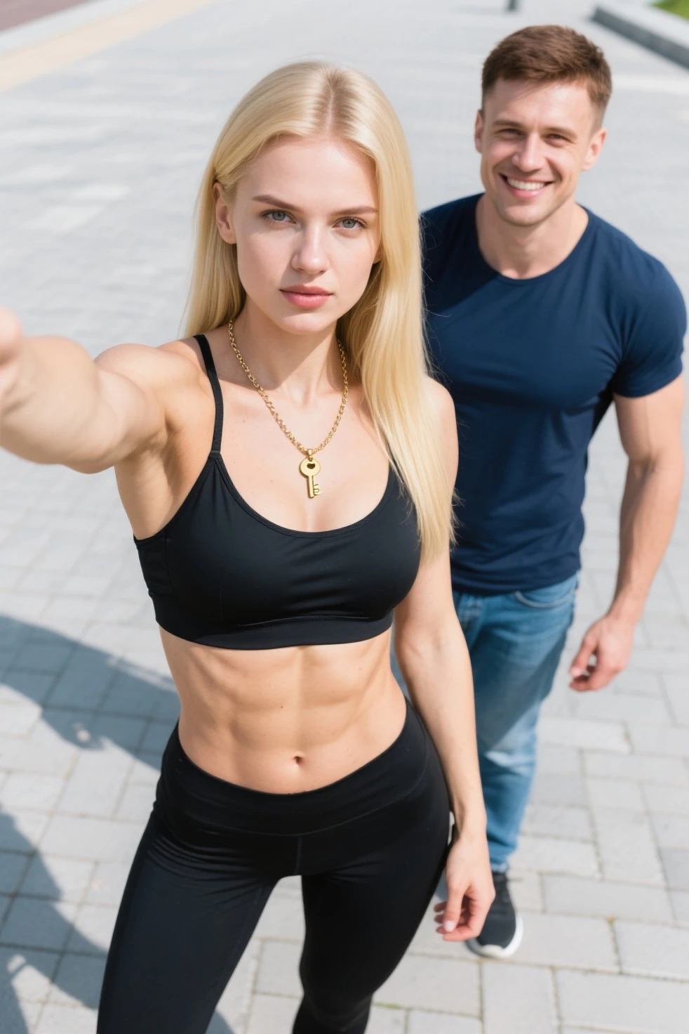 twin brothers. man and woman. blond hair. short hair. strong and athletic. beautiful. black clothes, black sleeveless t-shirt.