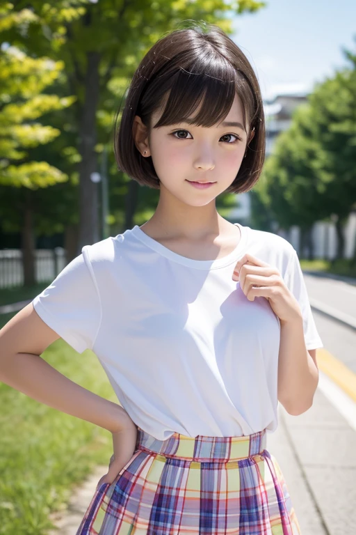 (narrow eyes:1.4), frontal shot , From the middle , (black eye), (japanese woman), 1 girl, (small eyes:1.4), very beautiful 17 year old girl, beautiful breasts:1.5, (highly detailed eyes:1.2), (beautiful breasts:1.1), short hair, bangs, (thick legs, huge hips, thick thighs), perfect skin, Fair skin, tight waist, light blush, alone, looking at the viewer, light smile, (White Round Neck T-Shirt), ( Blue Short Jeans:1.2)
