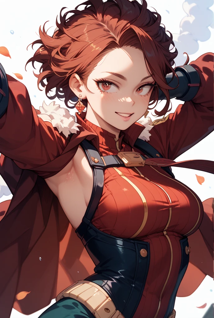 (masterpiece, best quality, 4k, 1girlsolo, 1MILF, mmplatz, smile, red cheeks, plain background:1.2)